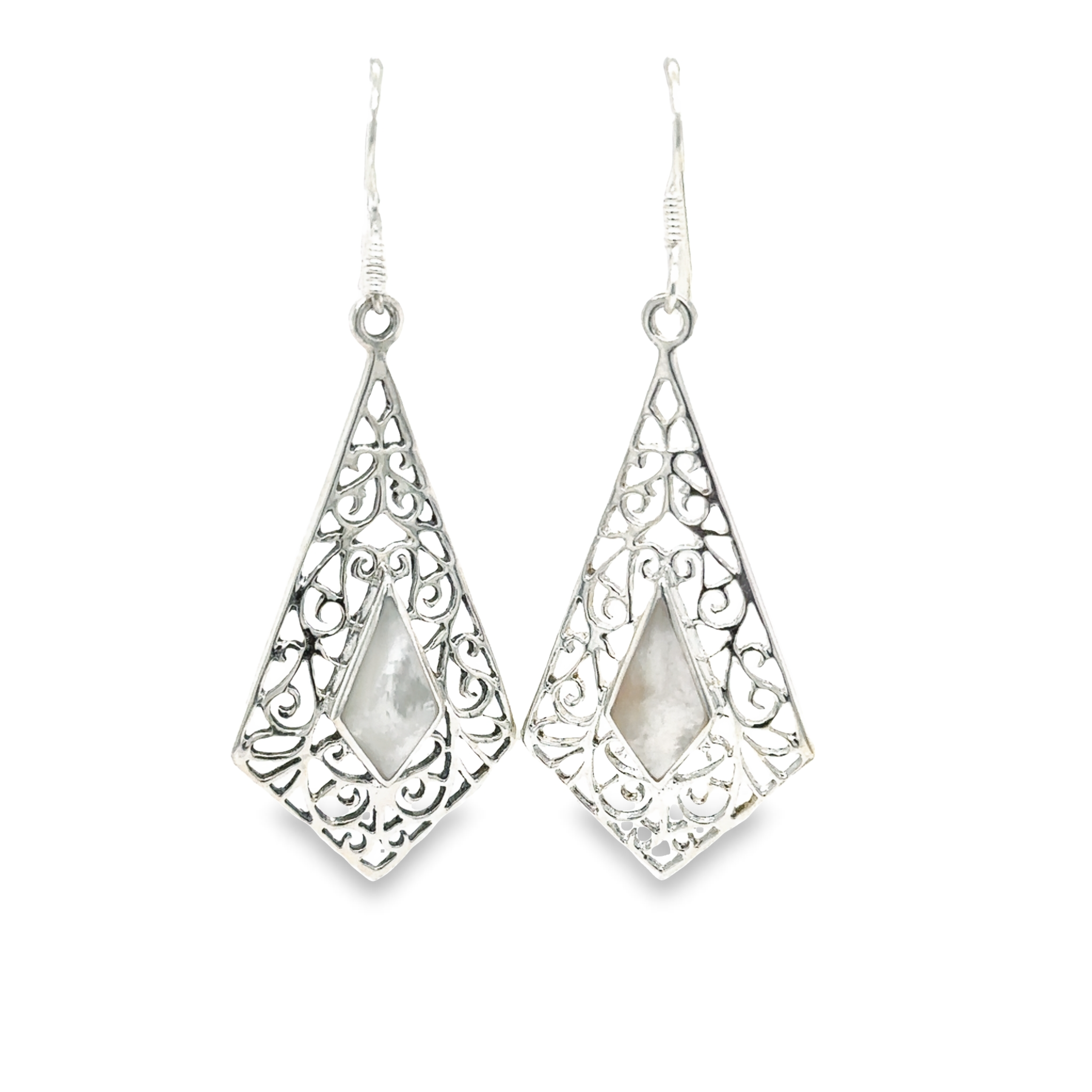 A pair of Super Silver Elongated Diamond Teardrop Earrings with Inlaid Stones.