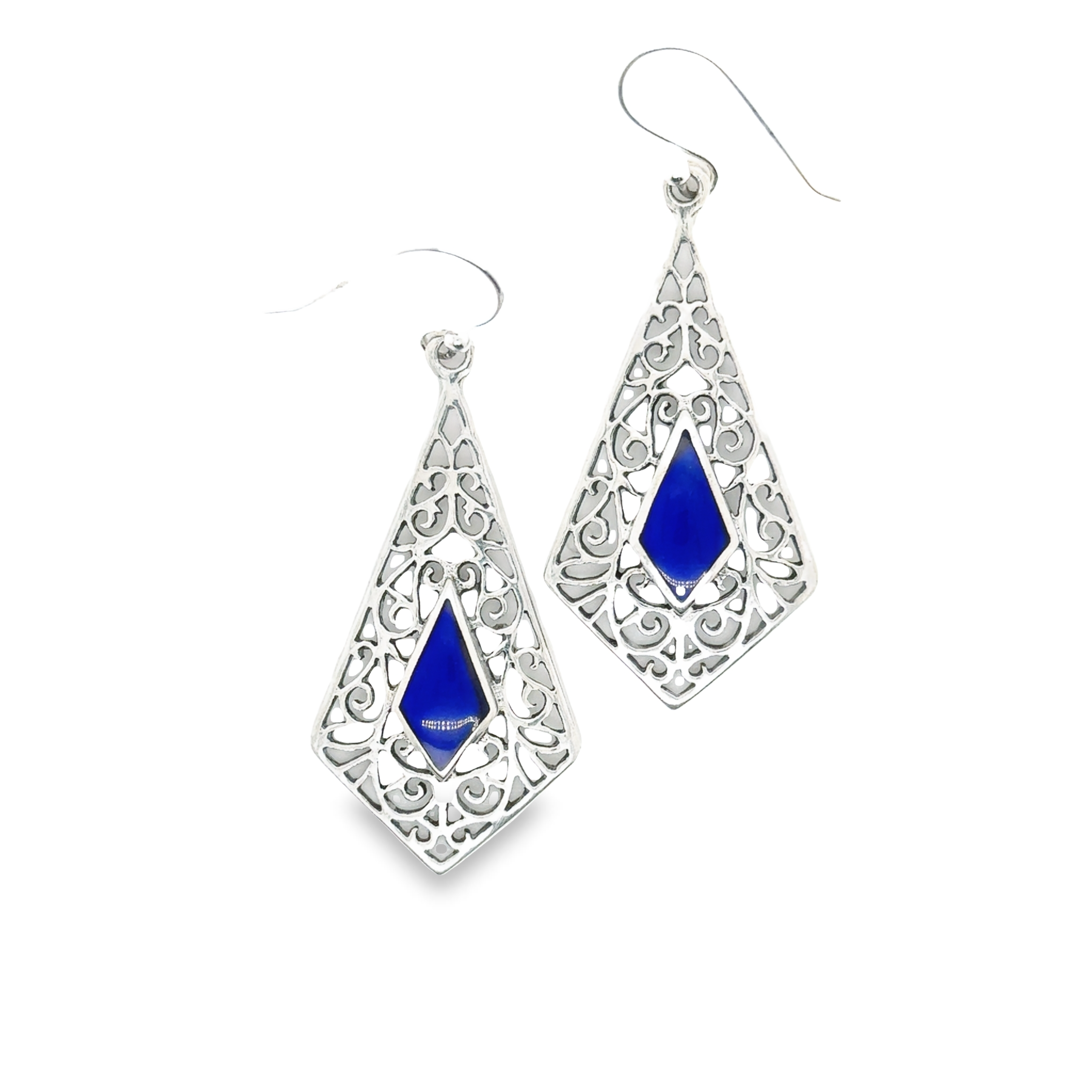 A pair of Super Silver elongated diamond teardrop earrings with inlaid blue stones.