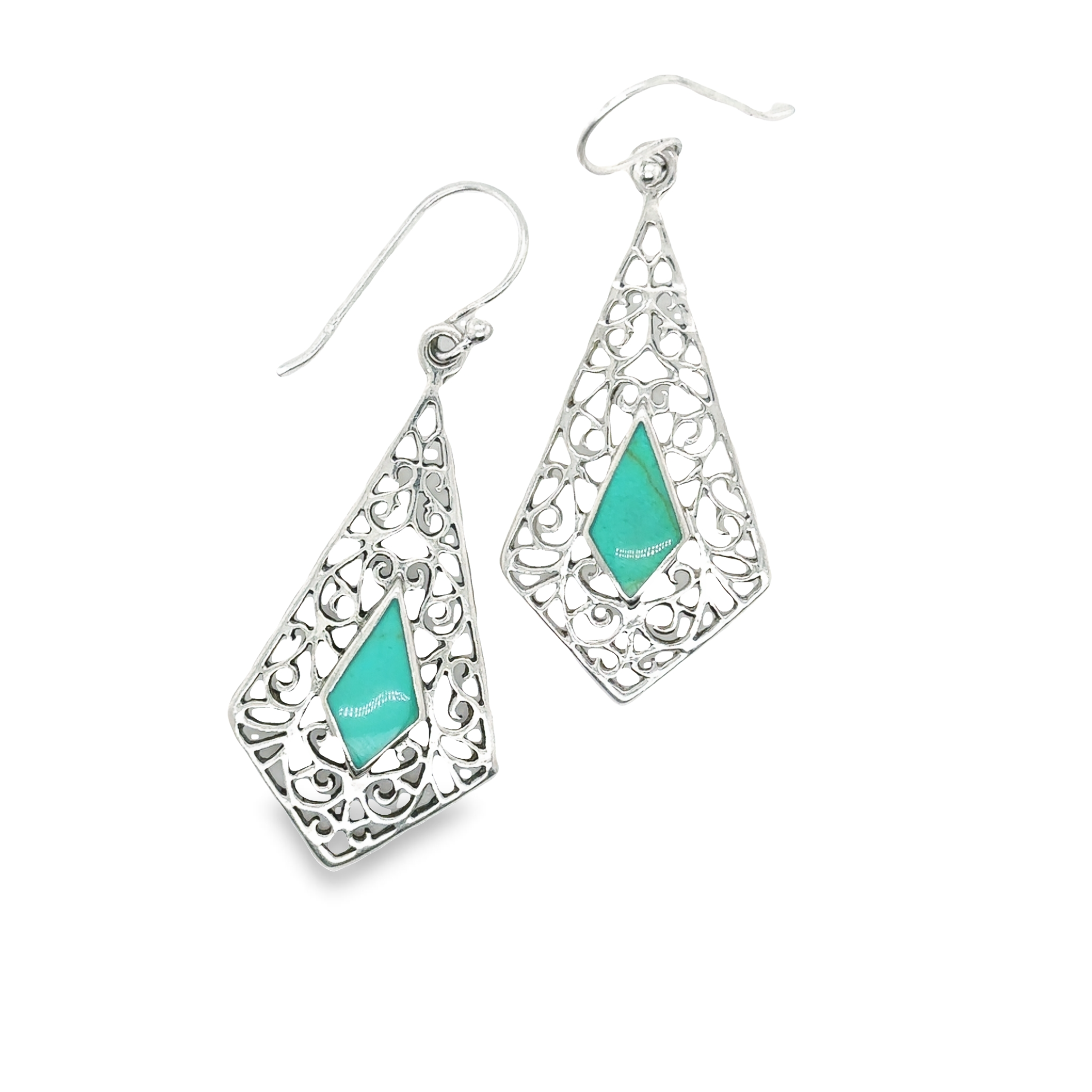 A pair of Super Silver Elongated Diamond Teardrop Earrings with Inlaid Stones.