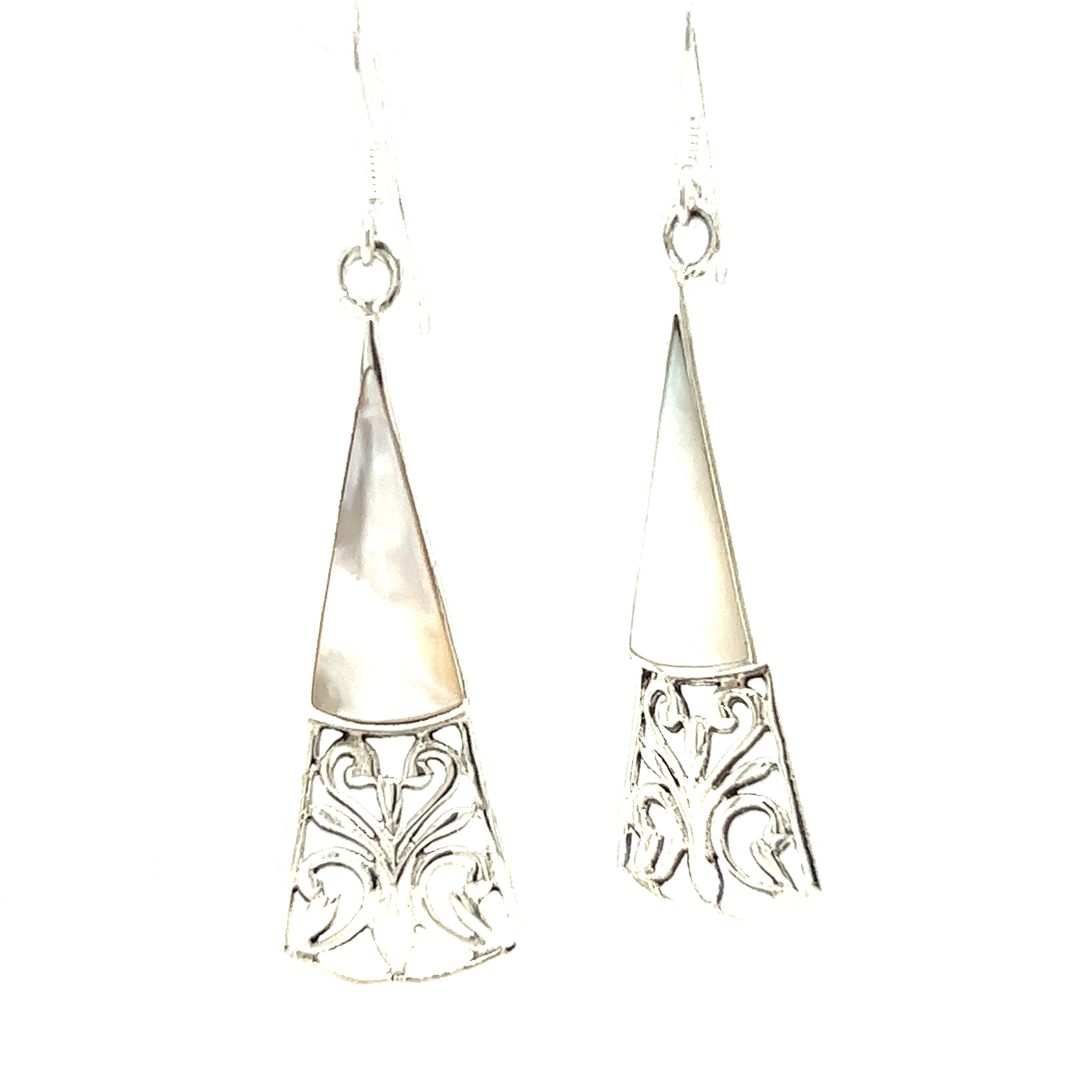 These Super Silver Long Triangle Filigree Earrings with Inlaid Stone feature a beautiful mother of pearl inlay, adding a touch of bohemian charm.