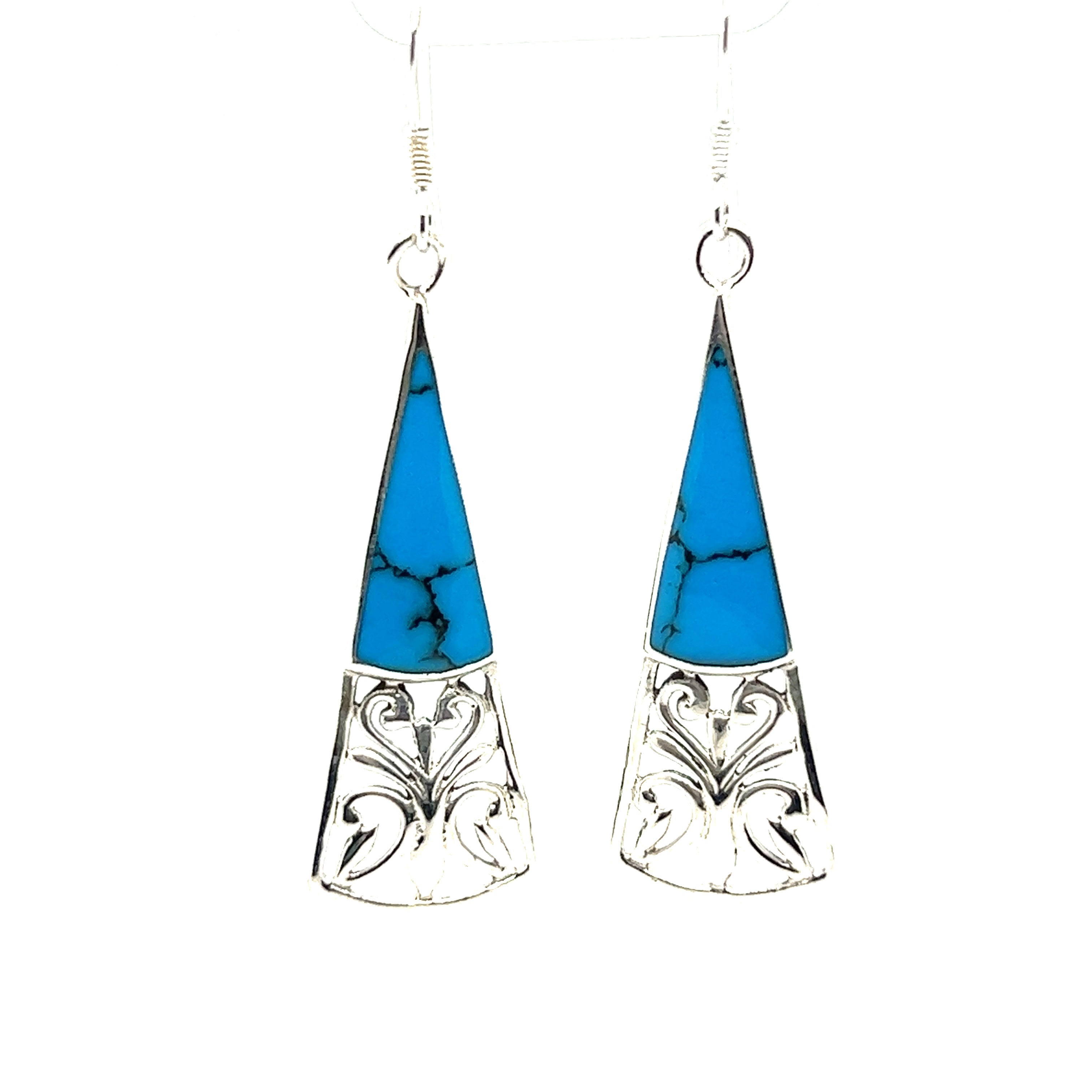 A pair of Super Silver Long Triangle Filigree Earrings with Inlaid Stone, showcasing nature-inspired beauty.