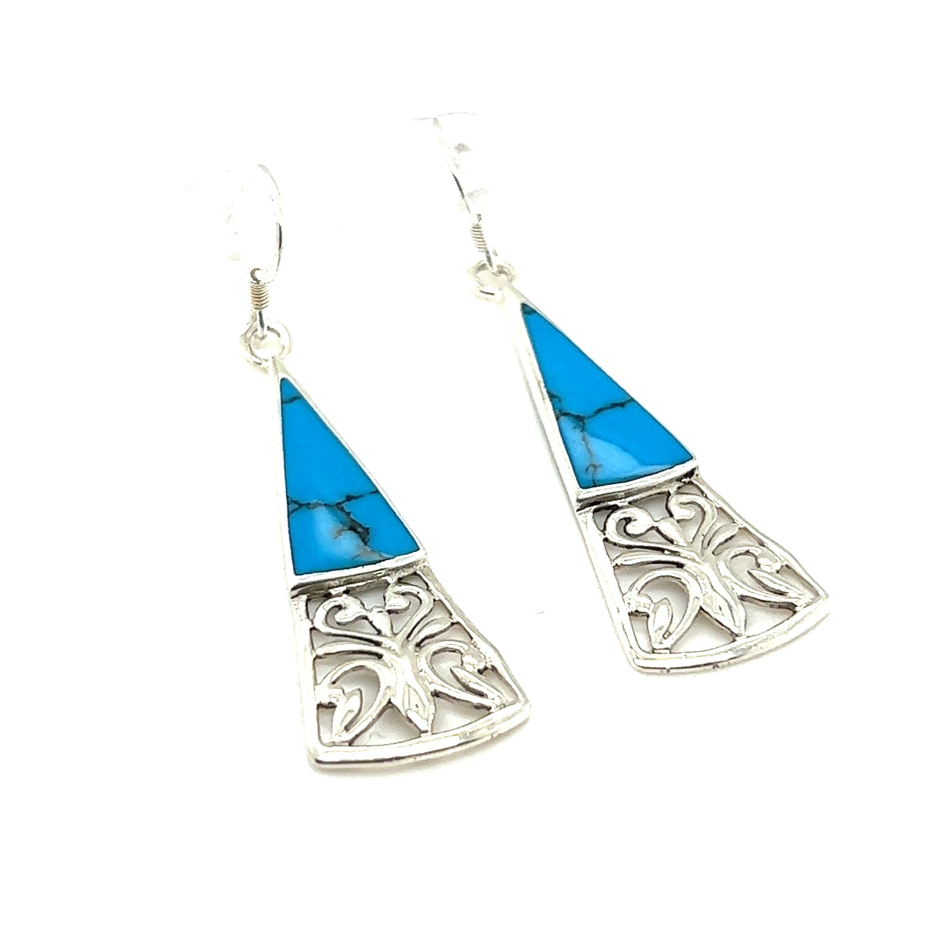 Super Silver's Long Triangle Filigree Earrings with Inlaid Stone, featuring nature-inspired beauty and turquoise stones.