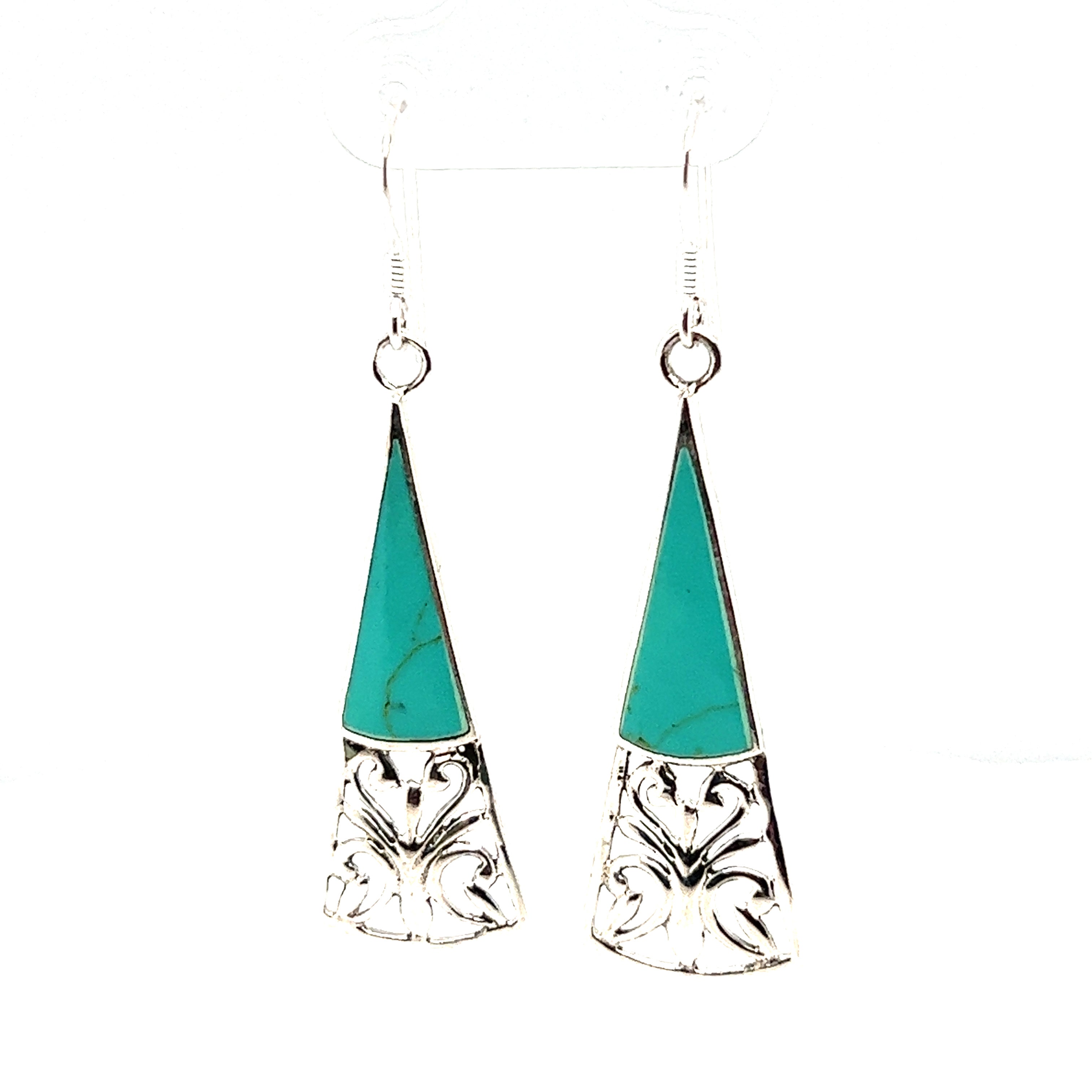 A pair of Super Silver Long Triangle Filigree Earrings with Inlaid Stone, with a captivating bohemian charm and nature-inspired beauty.