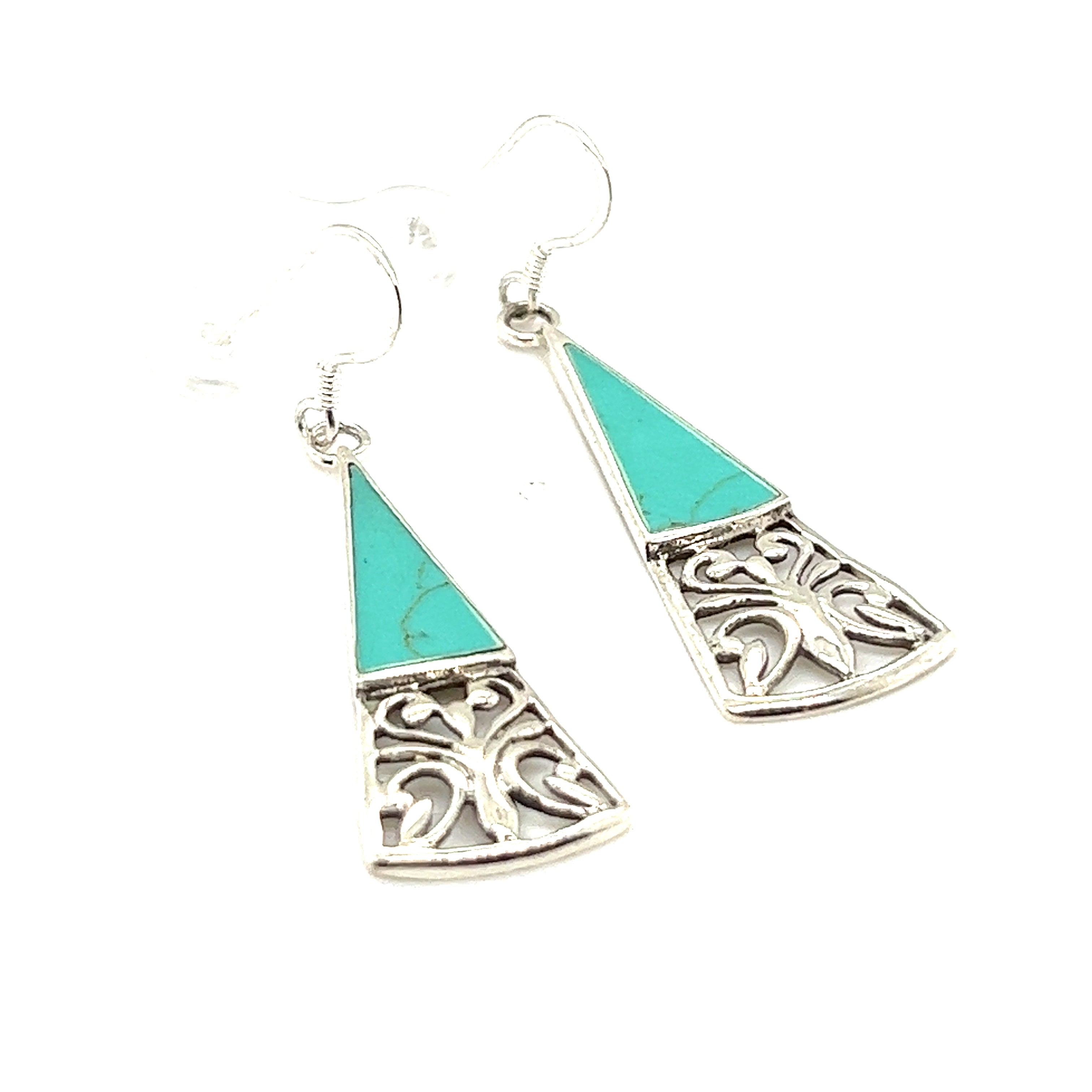 These Super Silver Long Triangle Filigree Earrings with Inlaid Stone feature inlaid turquoise stones, showcasing their nature-inspired beauty.