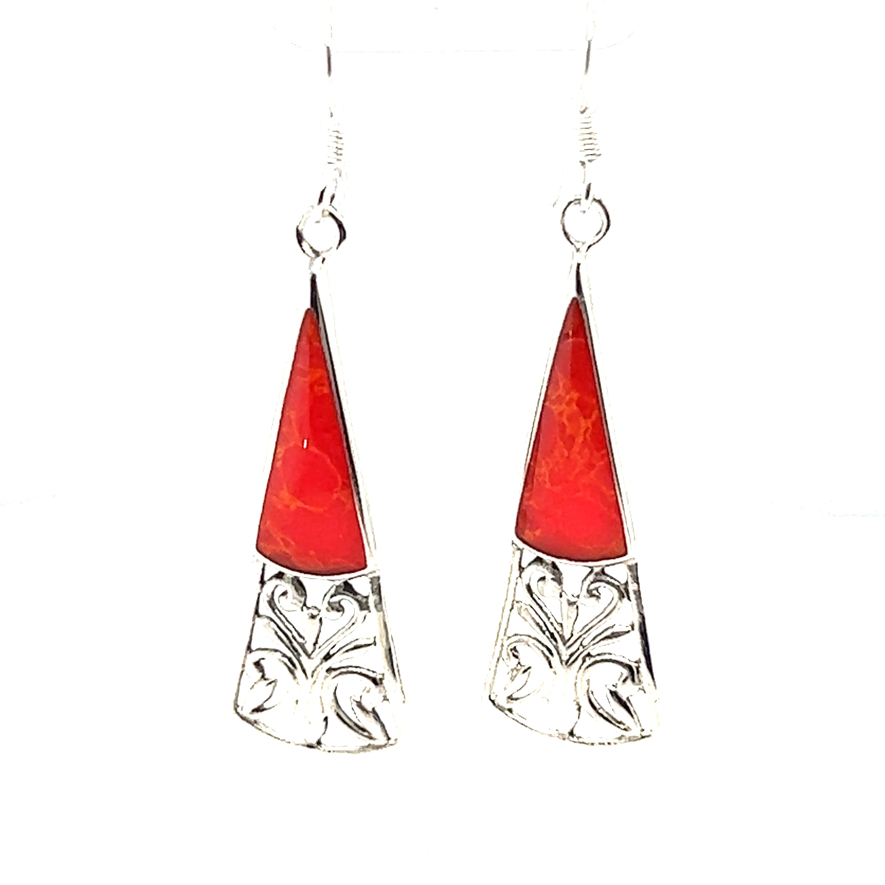These Super Silver Long Triangle Filigree Earrings with Inlaid Stone showcase the natural beauty of red coral and silver with their delicate design, adding a touch of bohemian charm to your ensemble.