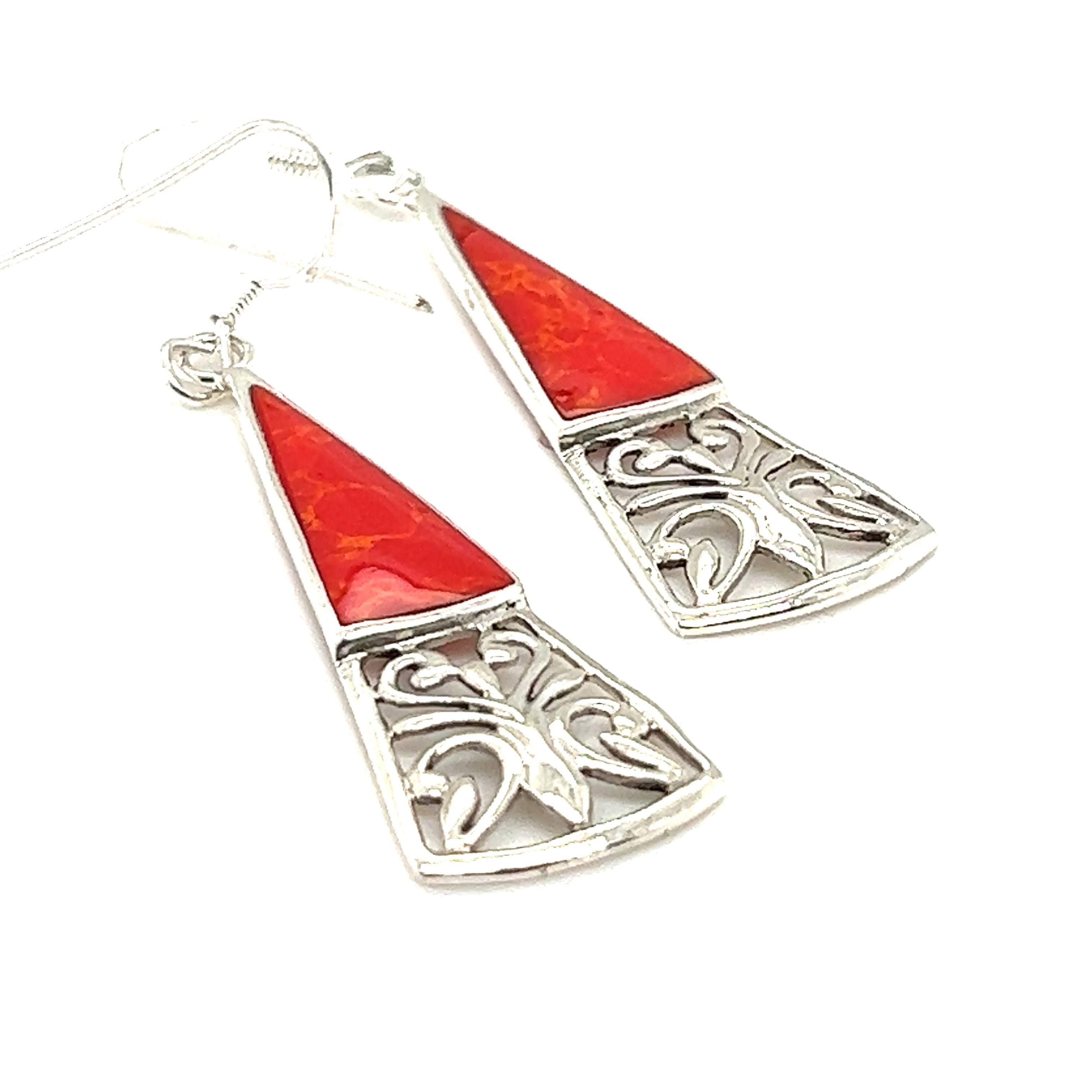 A pair of Super Silver Long Triangle Filigree Earrings with Inlaid Stone.