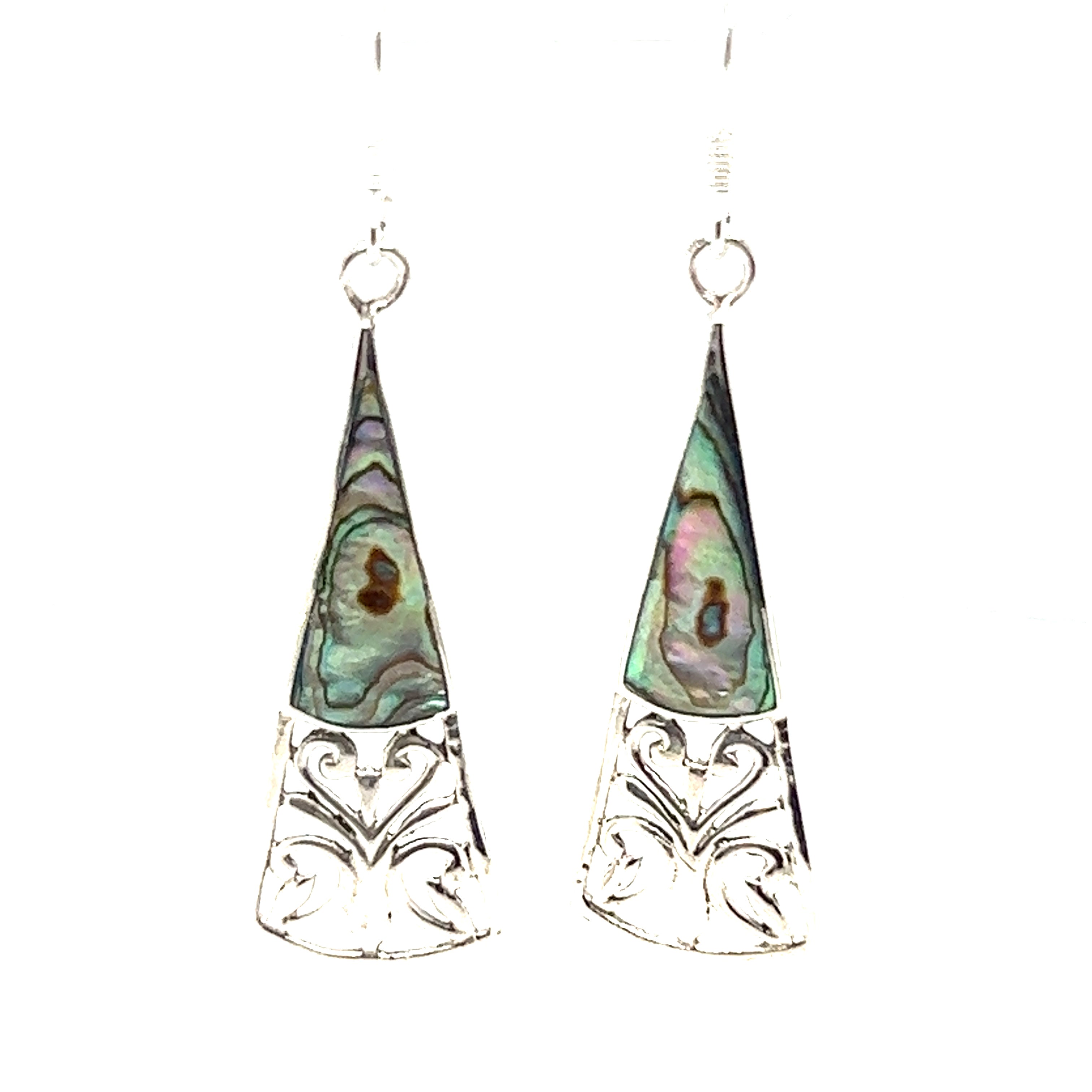 A pair of Super Silver Long Triangle Filigree Earrings with Inlaid Stone, showcasing nature-inspired beauty, on a white background.
