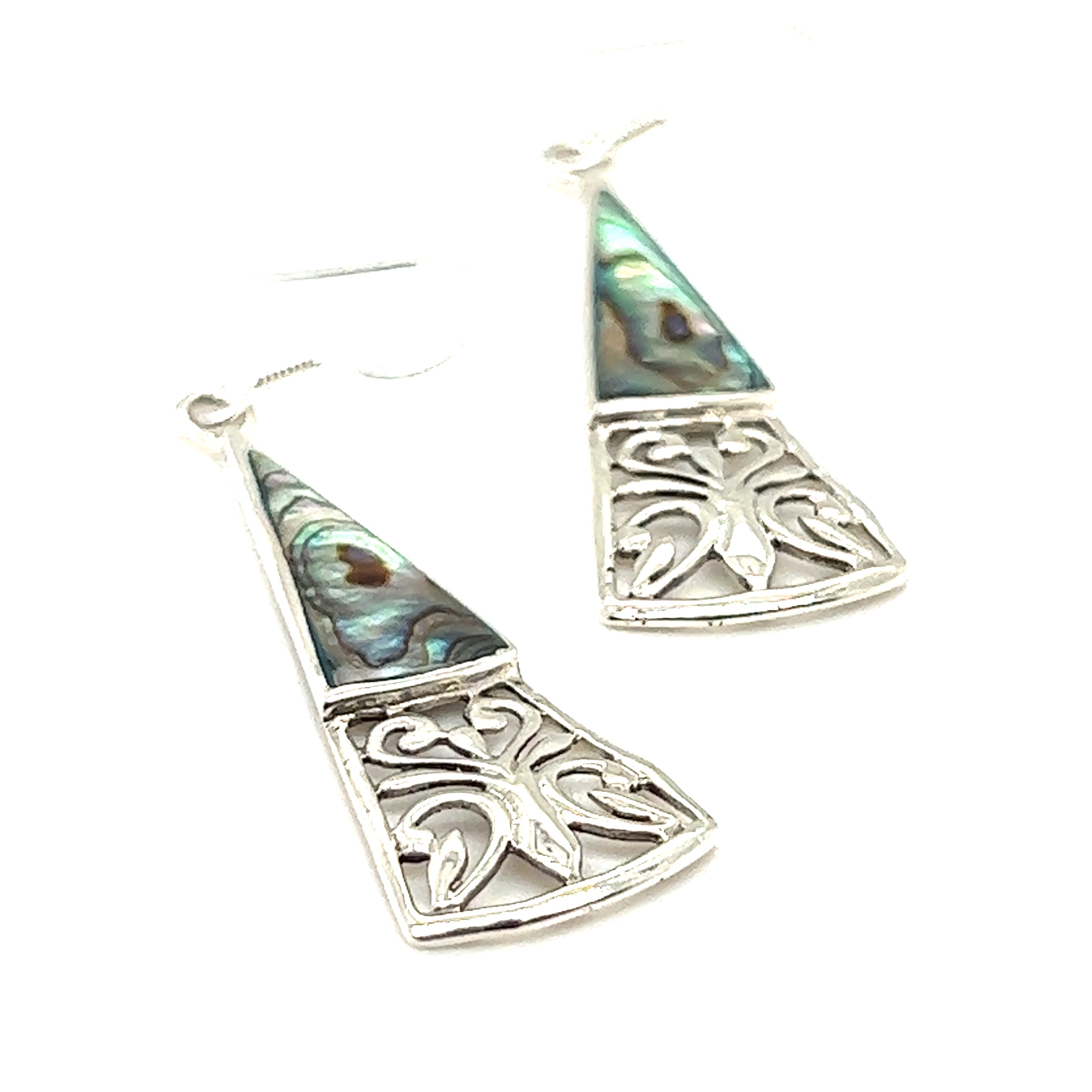 A pair of Super Silver Long Triangle Filigree Earrings with Inlaid Stone with nature-inspired beauty featuring an inlaid abalone shell.