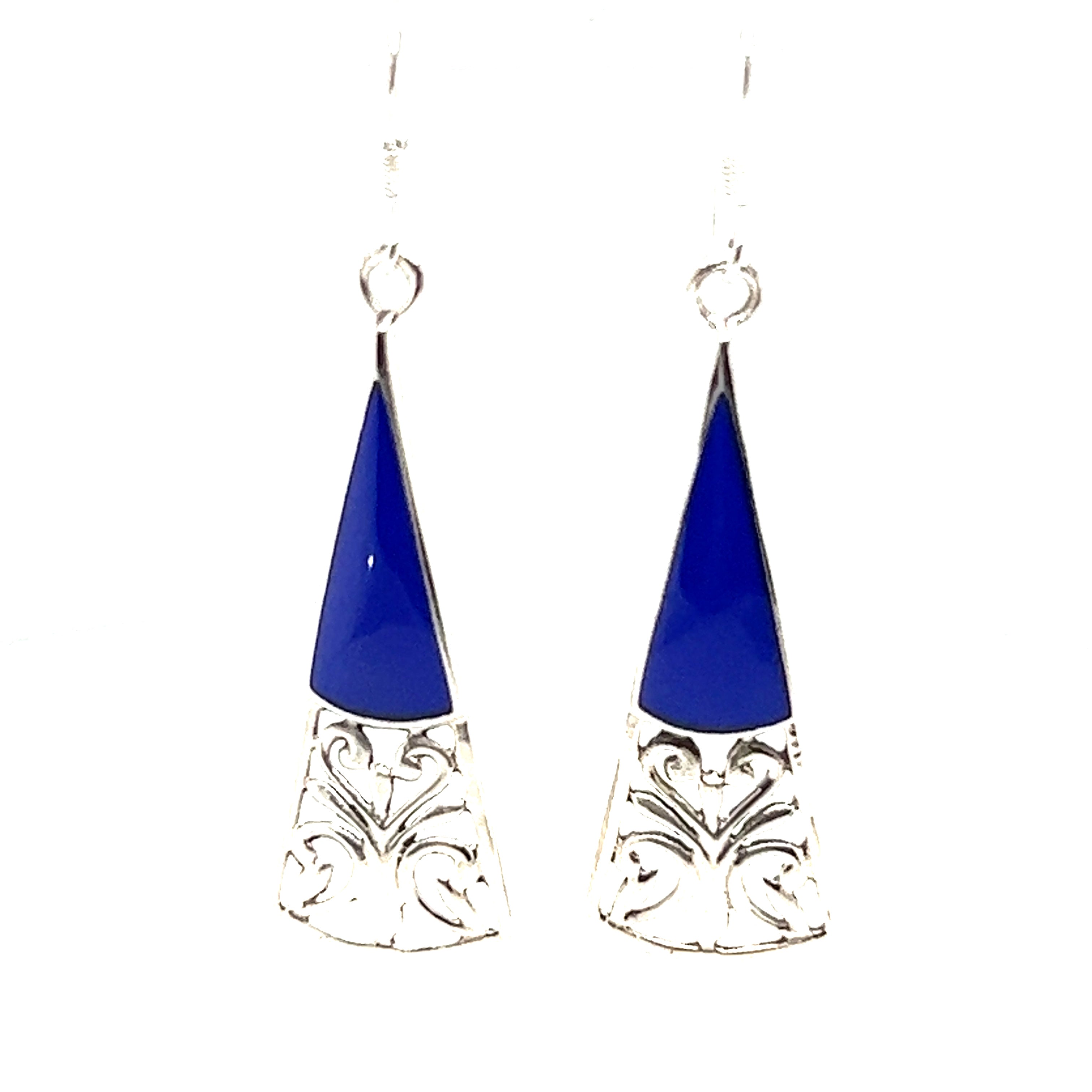 A pair of Super Silver Long Triangle Filigree Earrings with Inlaid Stone, with bohemian charm.