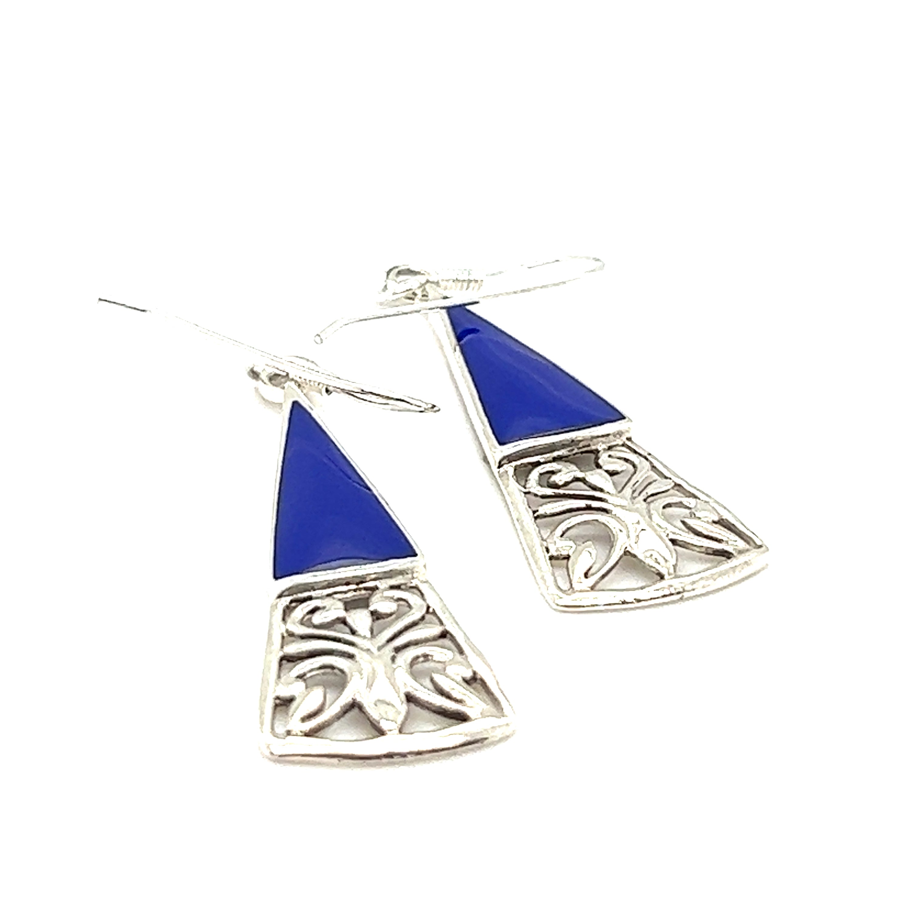 A pair of Super Silver Long Triangle Filigree Earrings with Inlaid Stone, exuding bohemian charm.