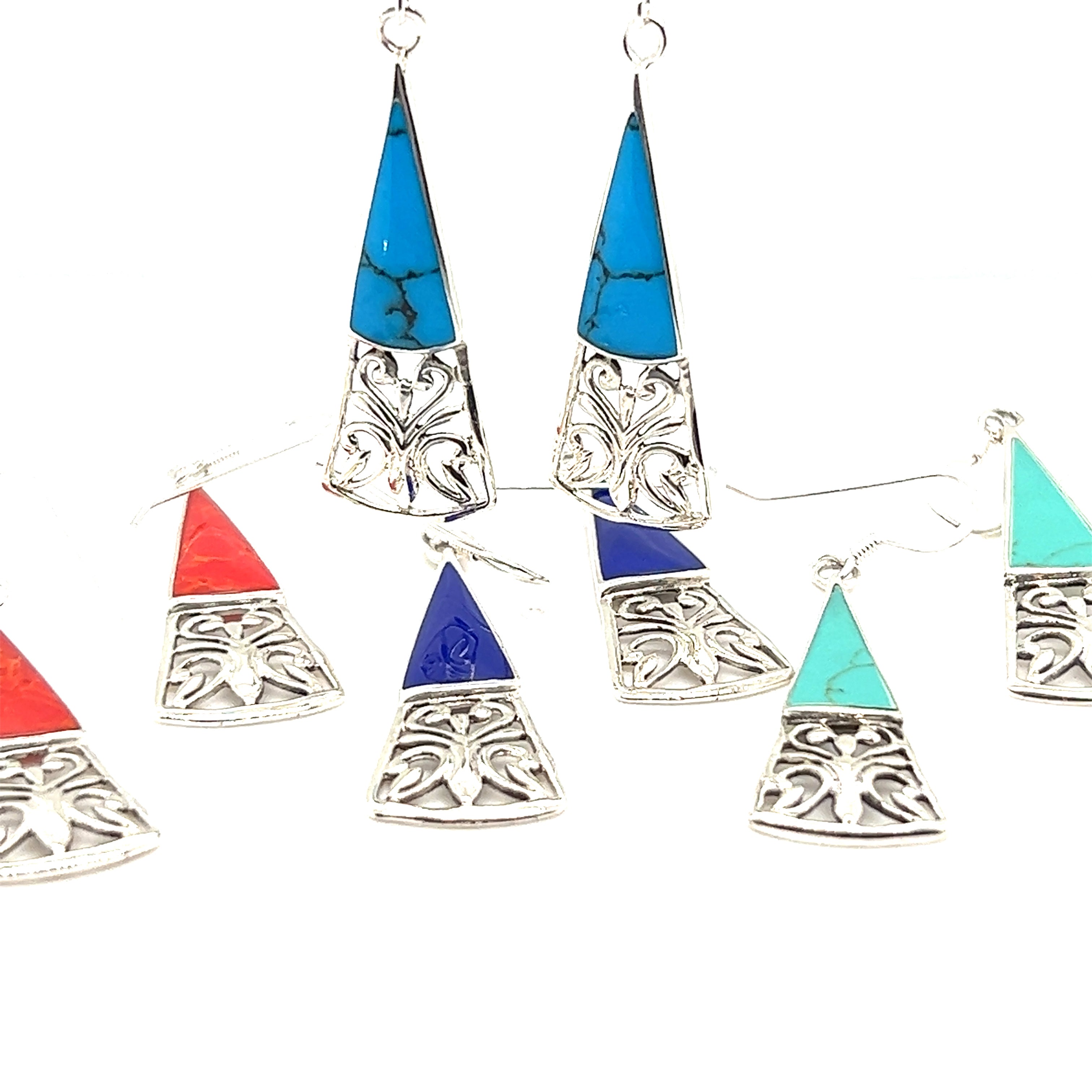 Super Silver's Long Triangle Filigree Earrings with Inlaid Stone feature nature-inspired beauty with turquoise and blue stones, exuding bohemian charm.