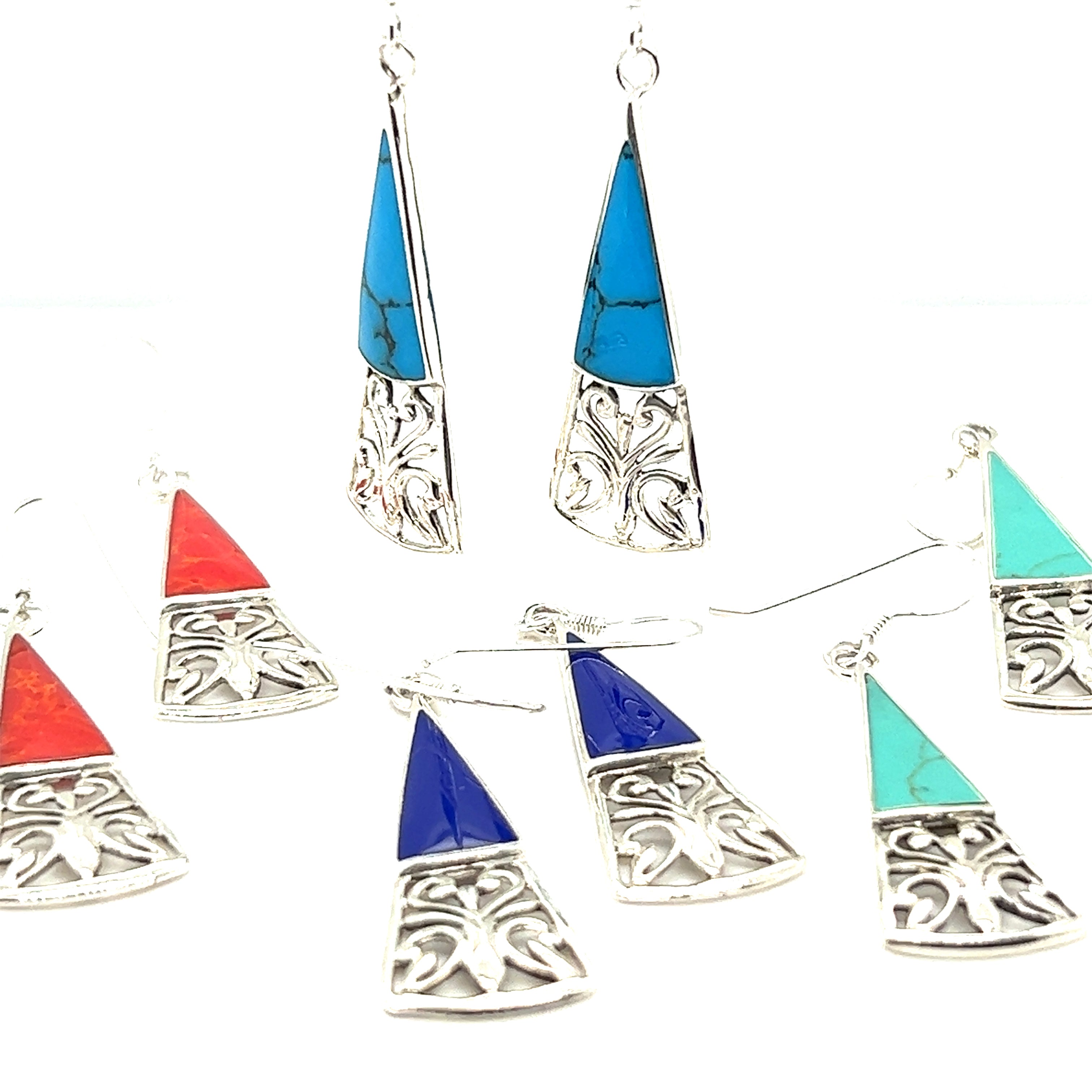 Super Silver's Long Triangle Filigree Earrings with Inlaid Stone, featuring turquoise and blue stones, exude a nature-inspired beauty and bohemian charm.