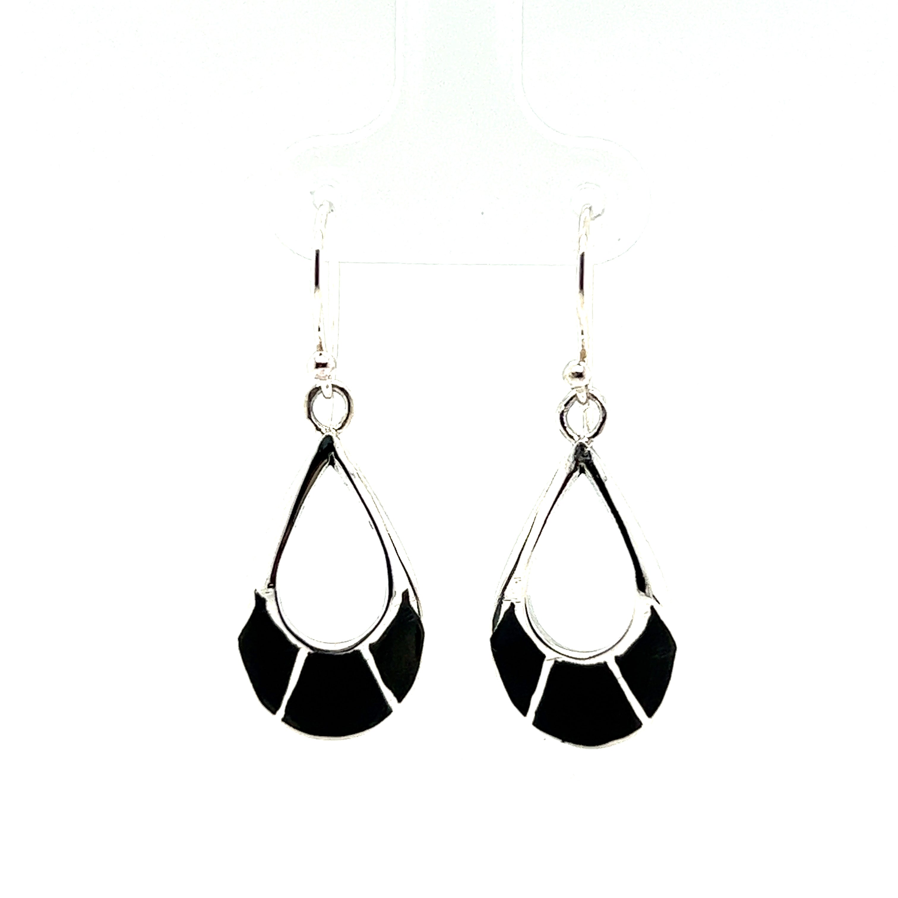 A pair of Super Silver Elegant Teardrop Earrings with Inlaid Stones on a white background.