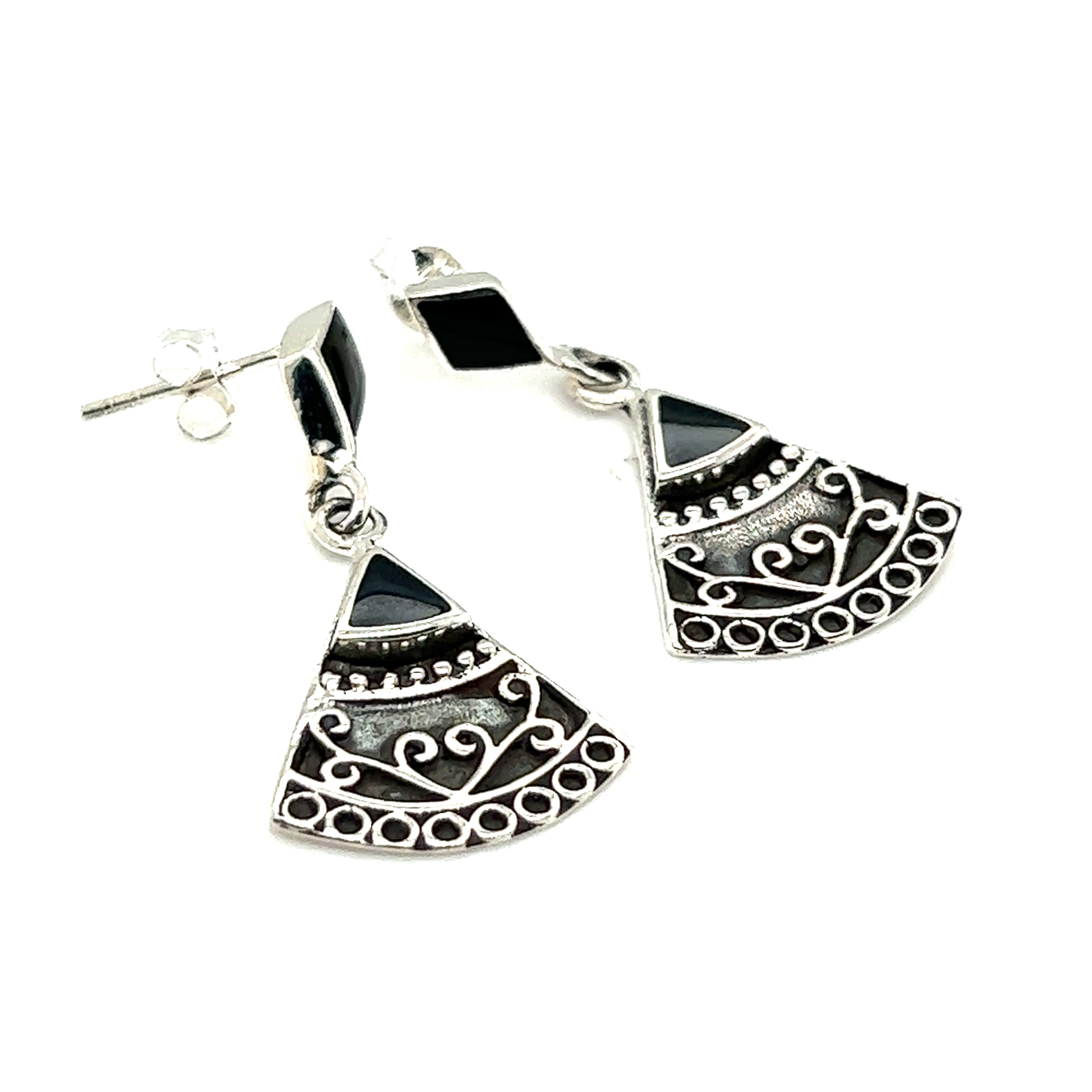 A pair of Super Silver Bohemian Style Filigree Earrings with Inlay Stones featuring a geometric design inlaid with black and white stones.