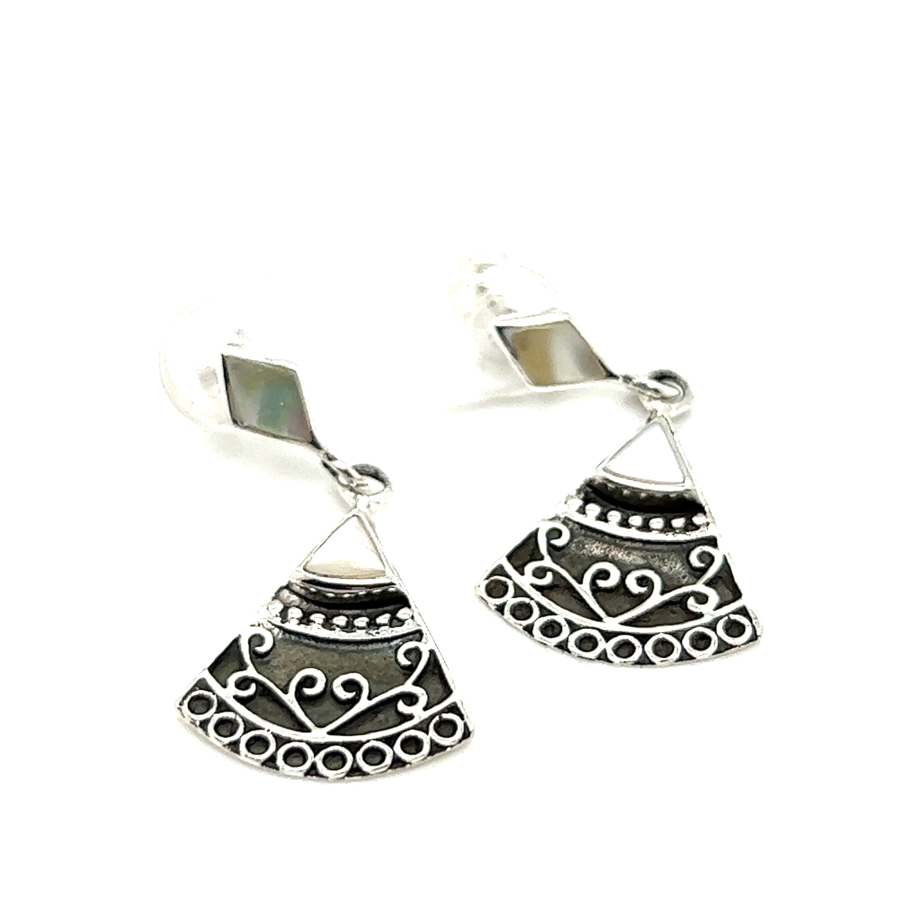 A pair of Bohemian Style Filigree Earrings with Inlay Stones by Super Silver, with geometric designs.