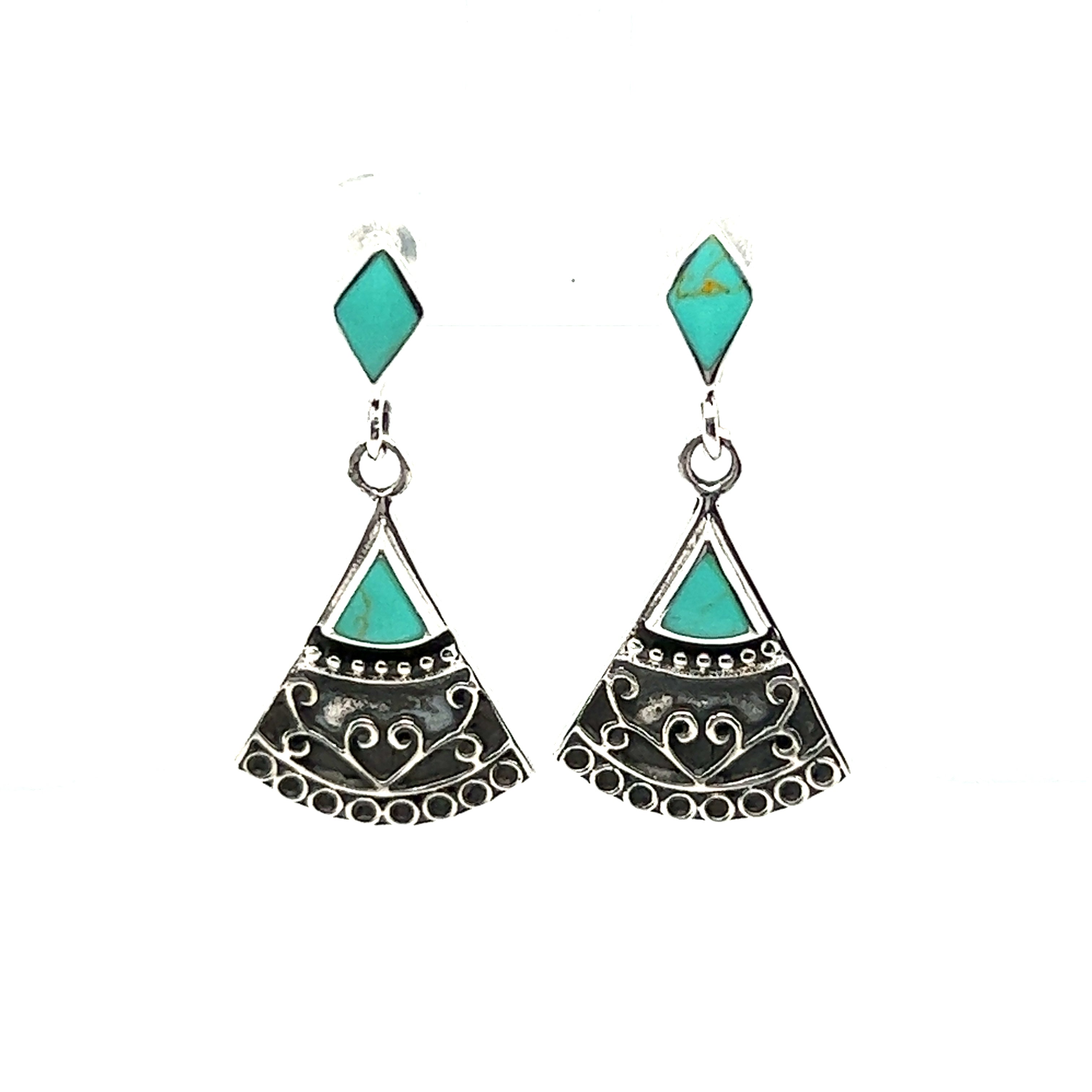A pair of Bohemian Style Filigree earrings with inlay turquoise stones and a geometric design by Super Silver.