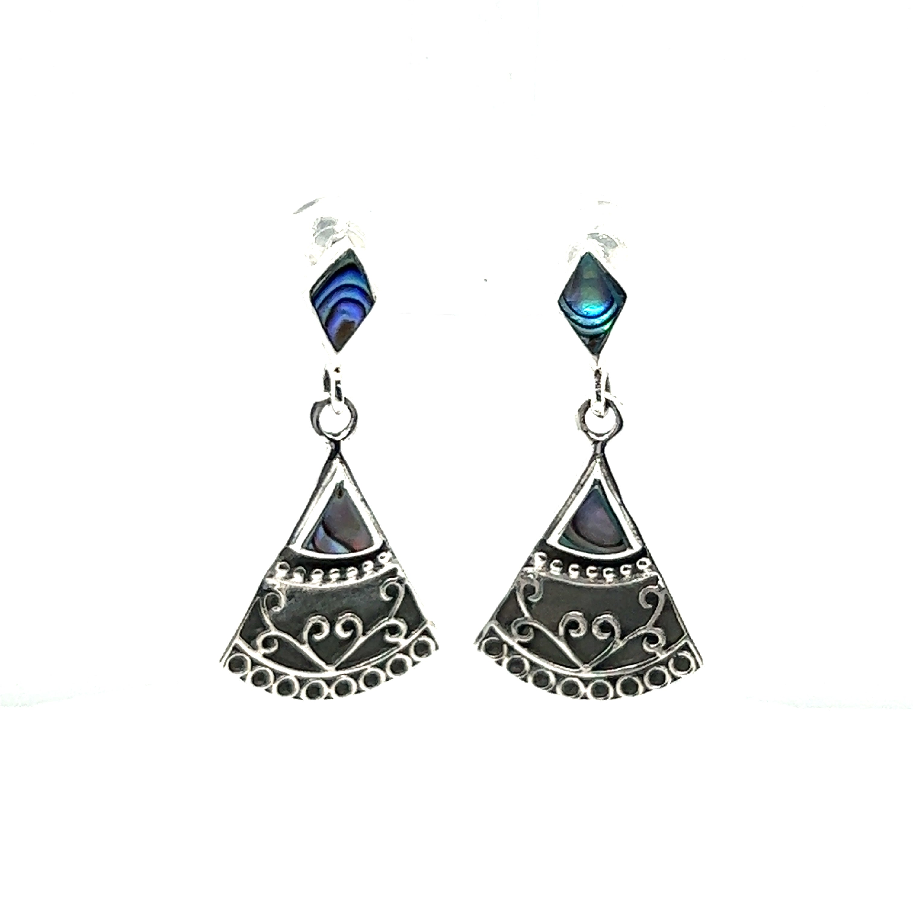 A pair of Super Silver Bohemian Style Filigree Earrings with Inlay Stones, featuring a geometric design and inlaid blue and silver stones.