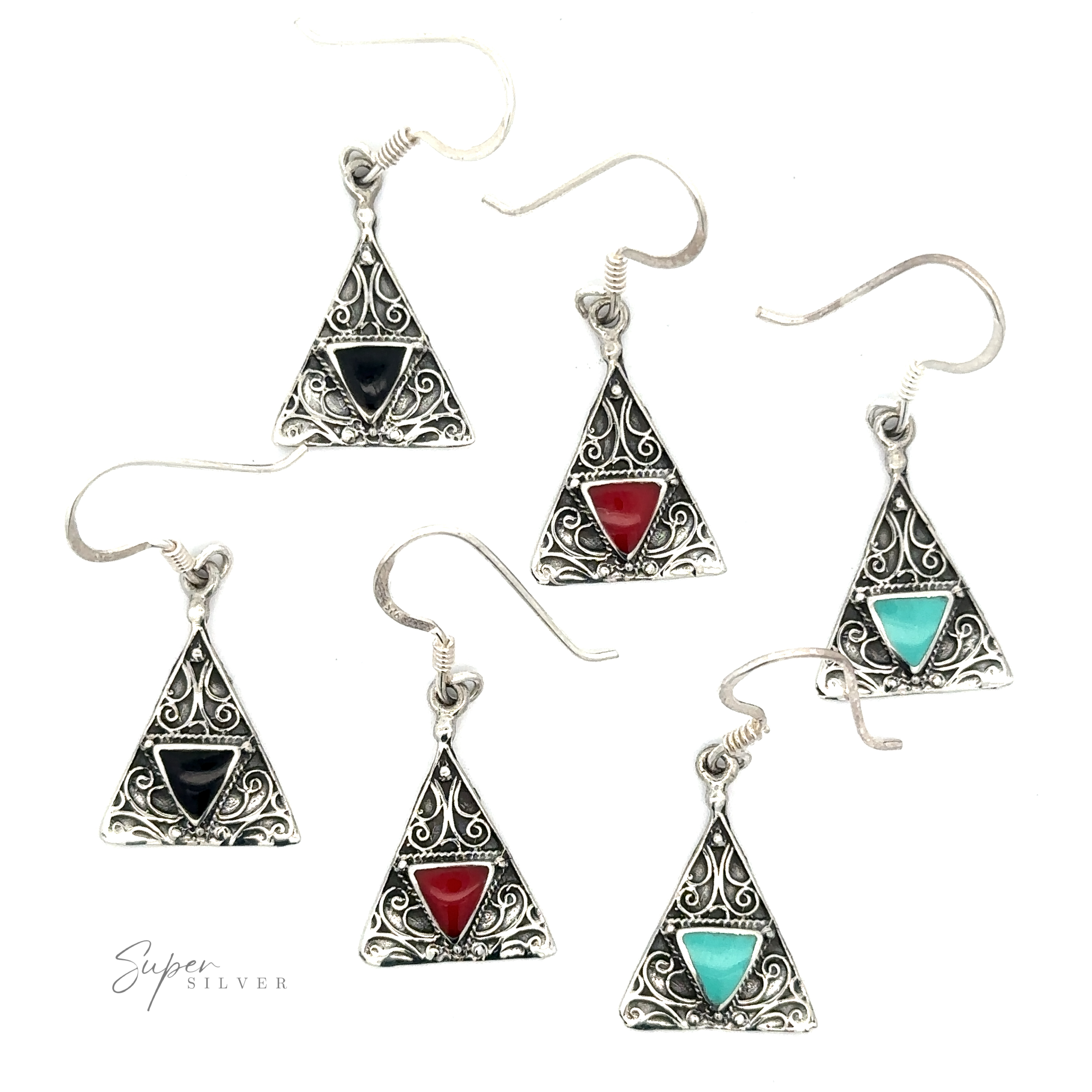 Six Freestyle Design Triangle Shape Inlaid Earrings with intricate designs, each featuring a gem in the center: two black, two red coral stones, and two turquoise. The word "Super Silver" is in the bottom left corner.