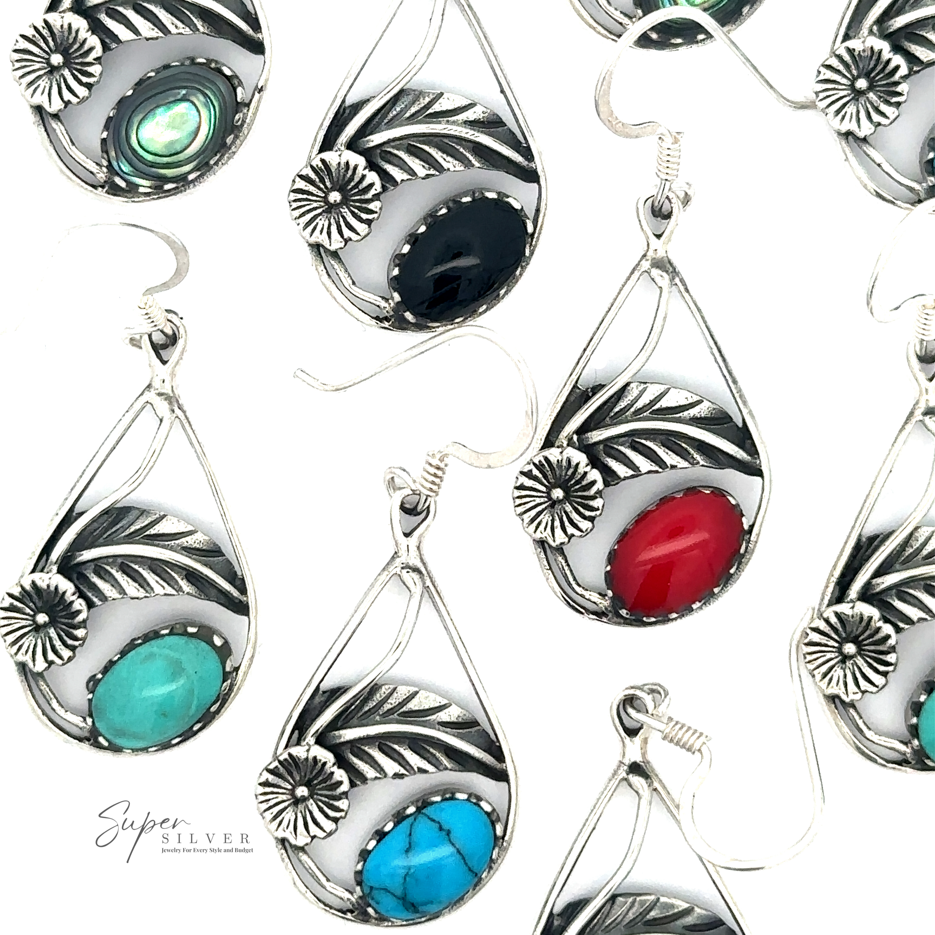A collection of Inlaid Teardrop Earrings With Floral Setting with various colored stones, including turquoise, red, green, and black, displayed on a white background. Each earring features a floral and leaf design enhanced by intricate abalone shell accents.