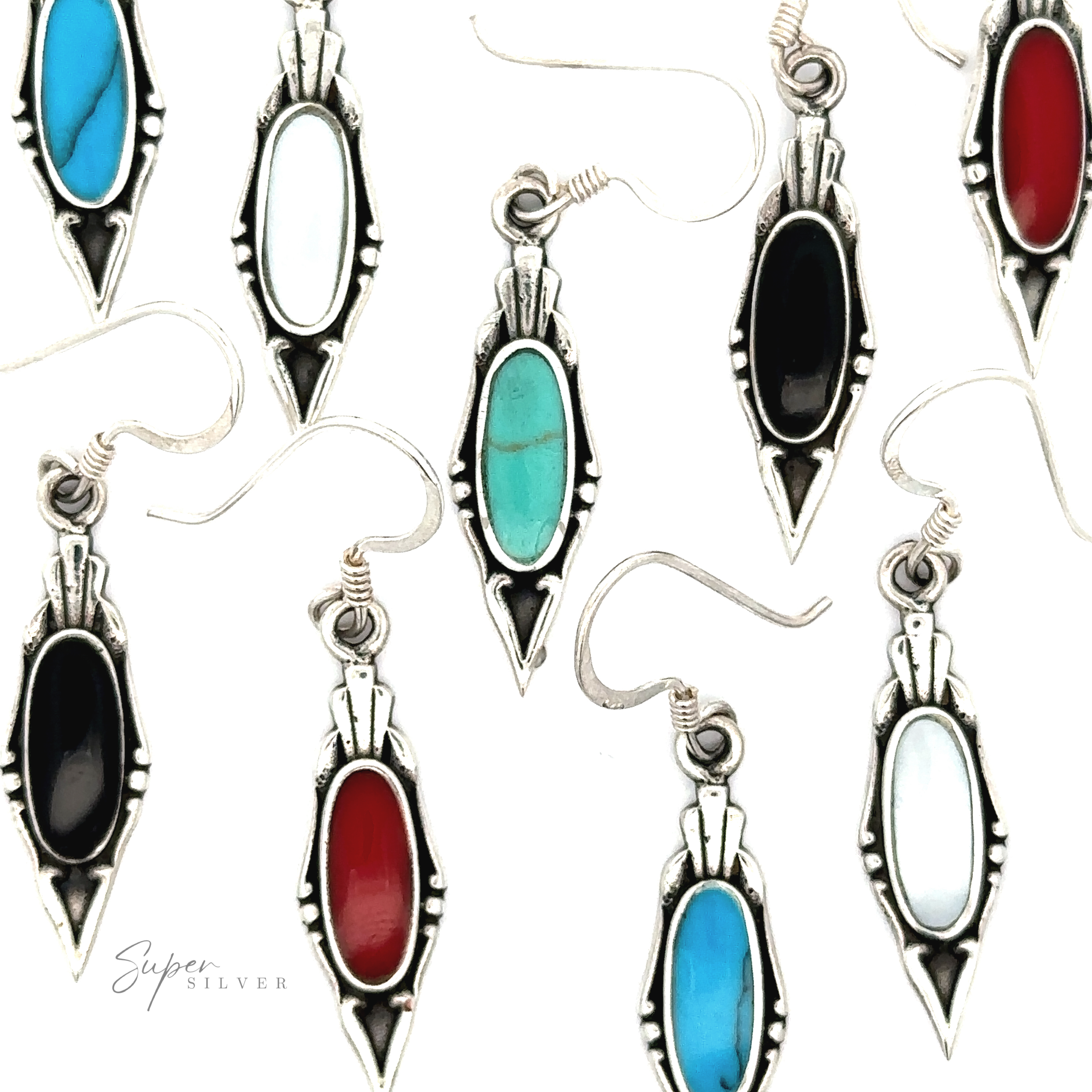 A collection of Elegant Inlaid Earrings with Oval Stone with various oval stones, including turquoise, black, red, and white, laid out on a white background.
