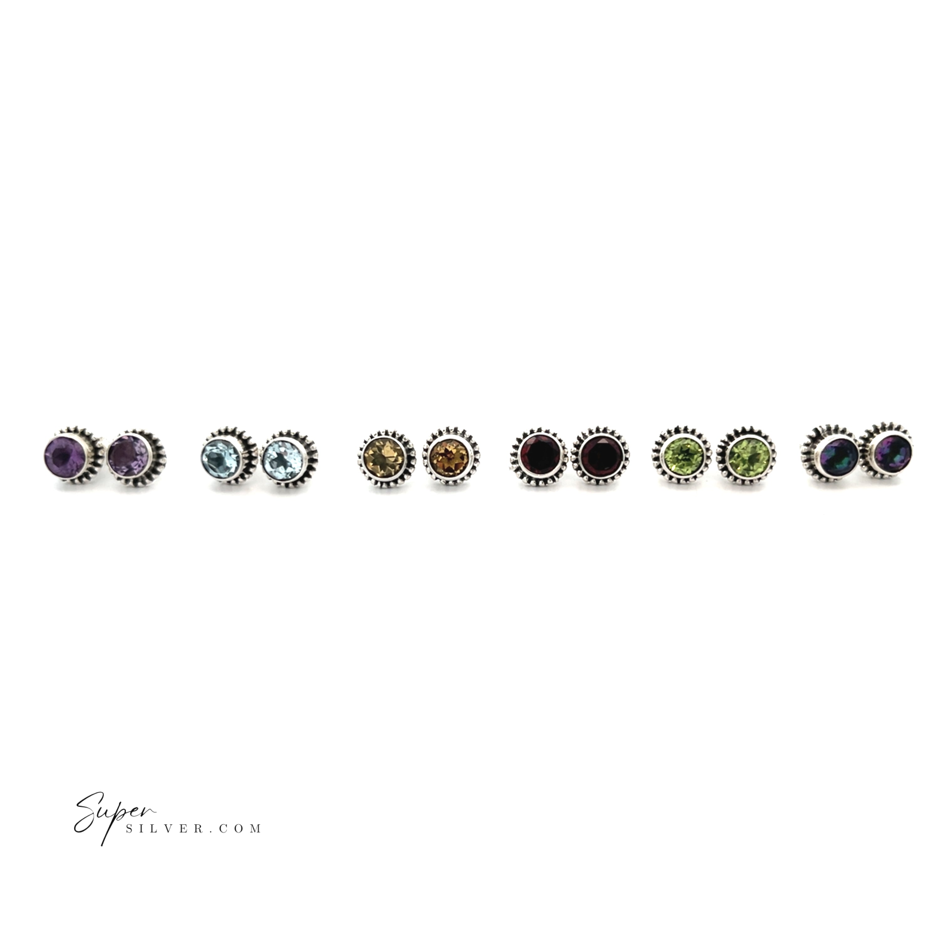 Seven pairs of Beaded Round Faceted Gemstone Studs with sterling silver settings are arranged in a row against a white background.