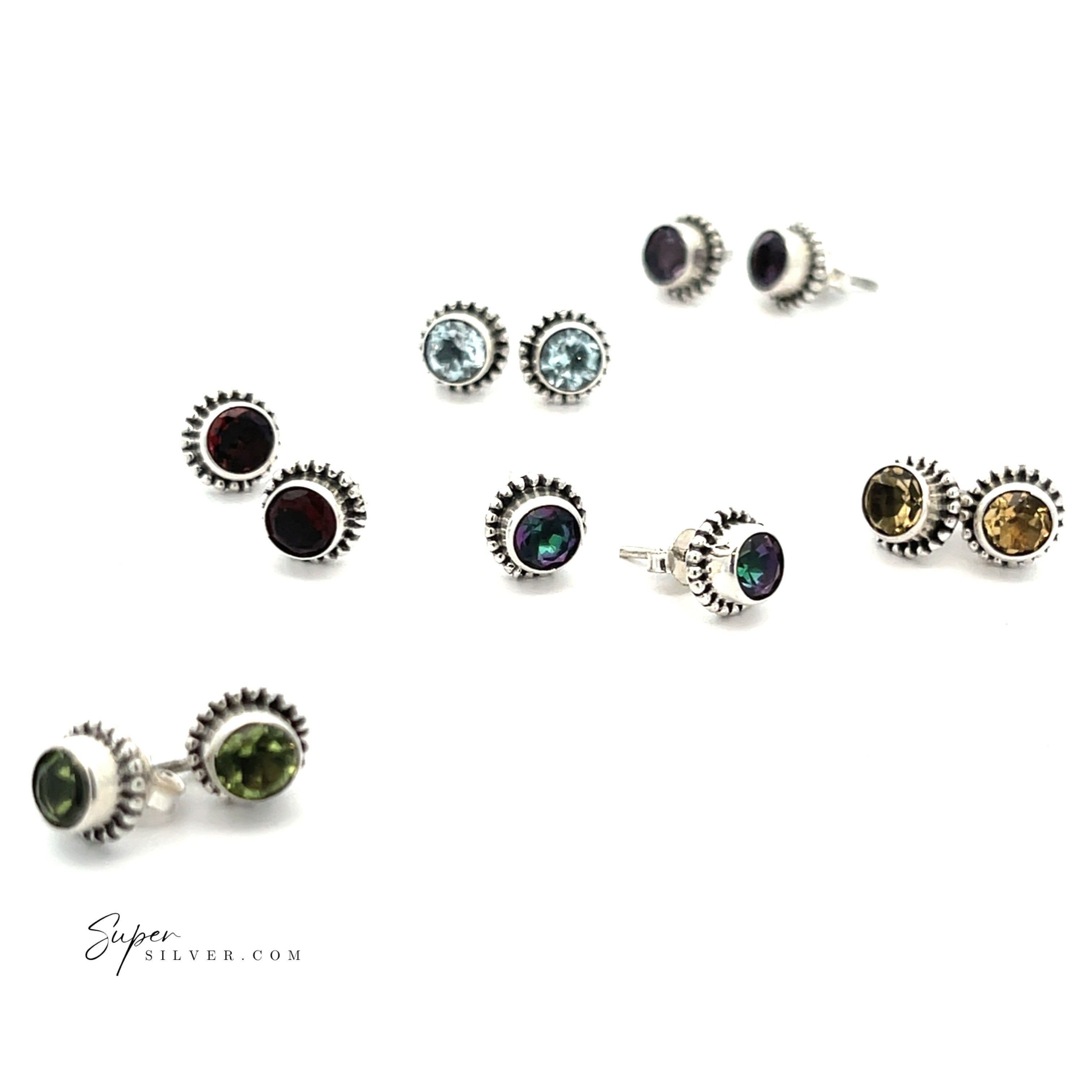 Five pairs of Beaded Round Faceted Gemstone Studs, each with a unique colored gemstone, are displayed against a white background with the Super Silver logo in the bottom left corner.