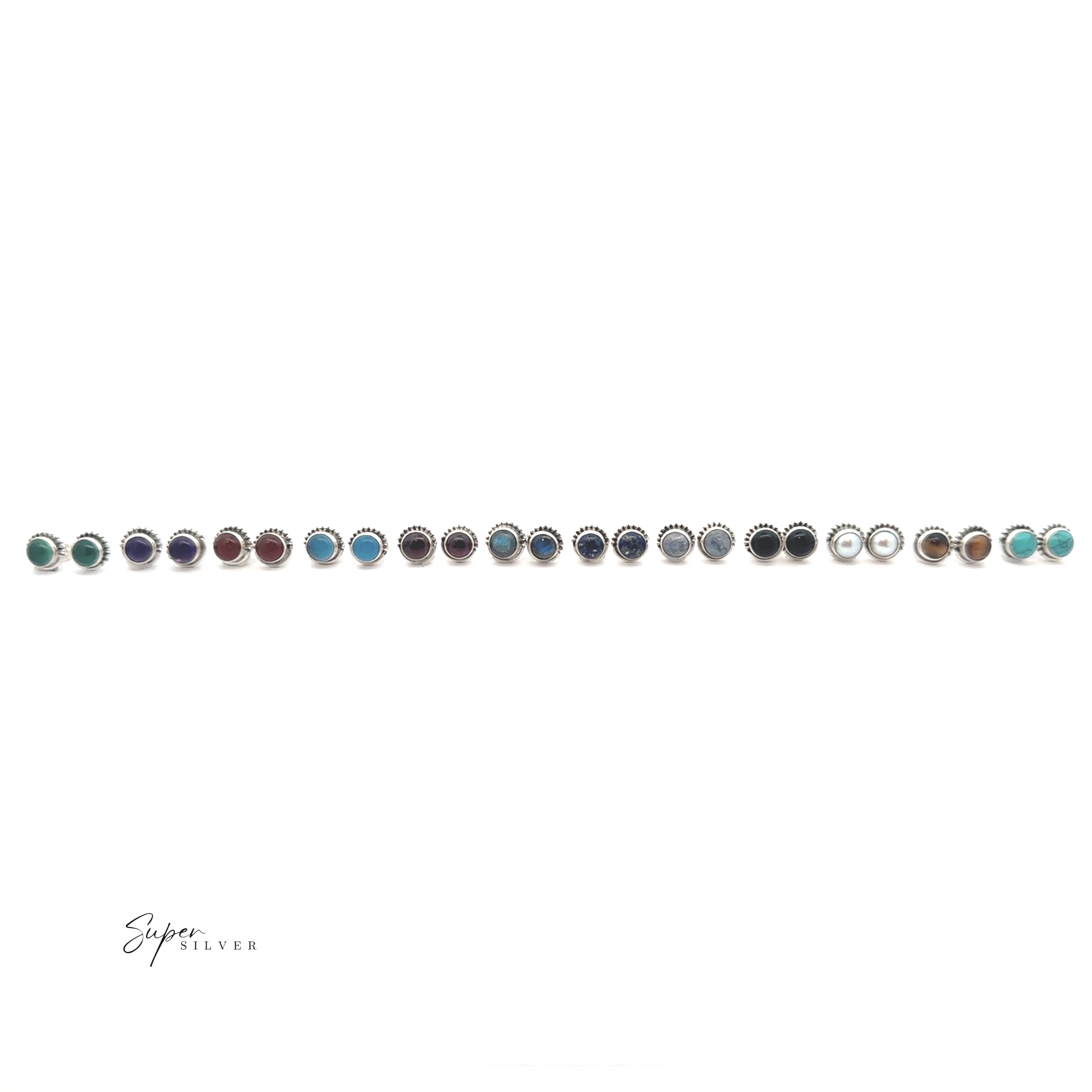A row of 14 "5mm Gemstone Studs With Half Bead Design," featuring various colored stones, is evenly spaced on a white background with a small "Super Silver" logo in the lower left corner.
