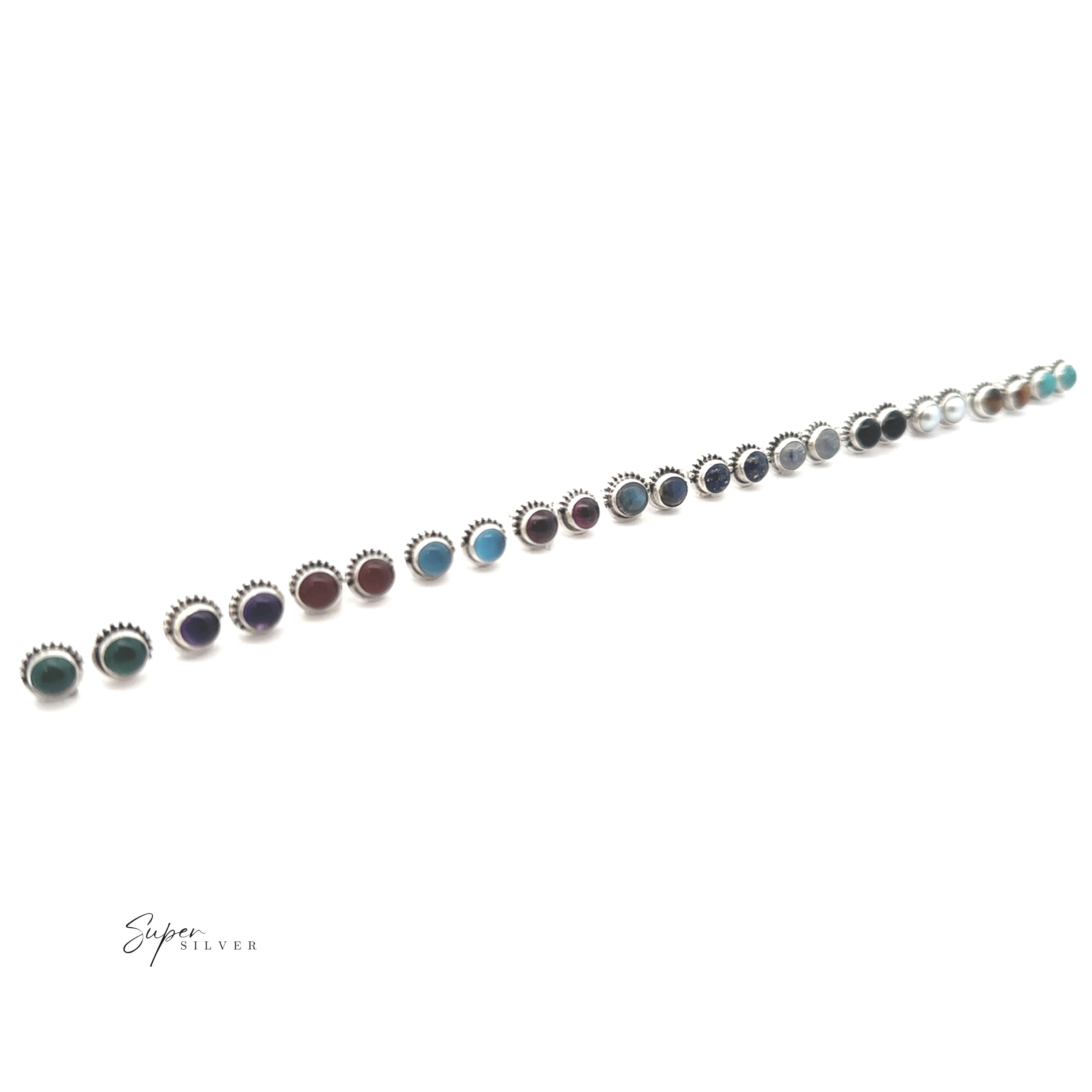 A diagonal row of 5mm Gemstone Studs With Half Bead Design, small round sterling silver earrings featuring assorted colored stones, displayed on a white background.