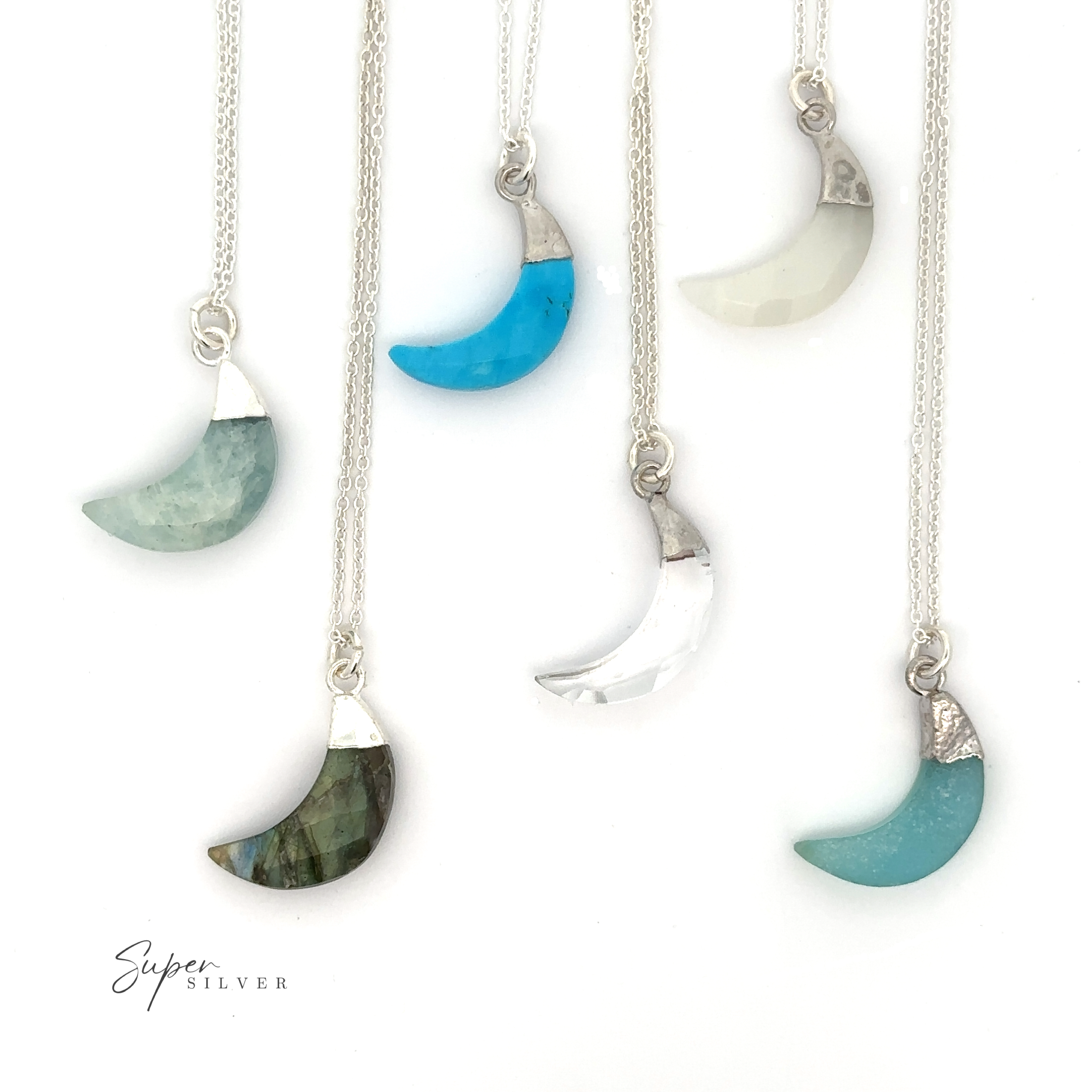 A collection of Delicate Stone Moon Necklaces adorned with beautiful gemstone stones, each capturing the enchanting allure of the moon.