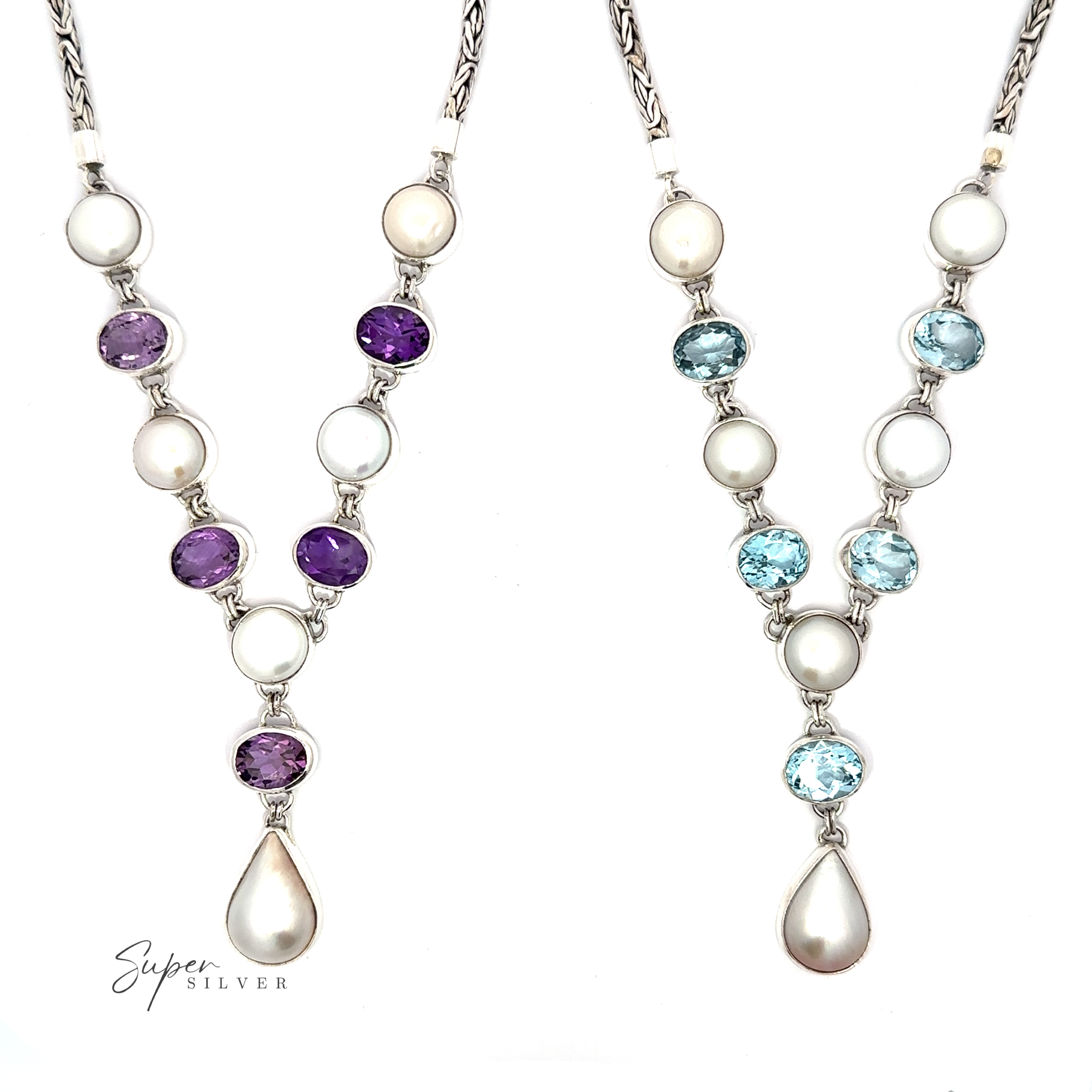 Two Stunning Pearl and Gemstone Statement Necklaces with alternating gemstones and pearls. One features purple stones set in Sterling Silver, while the other showcases blue stones. Each necklace ends in a teardrop-shaped pearl pendant.