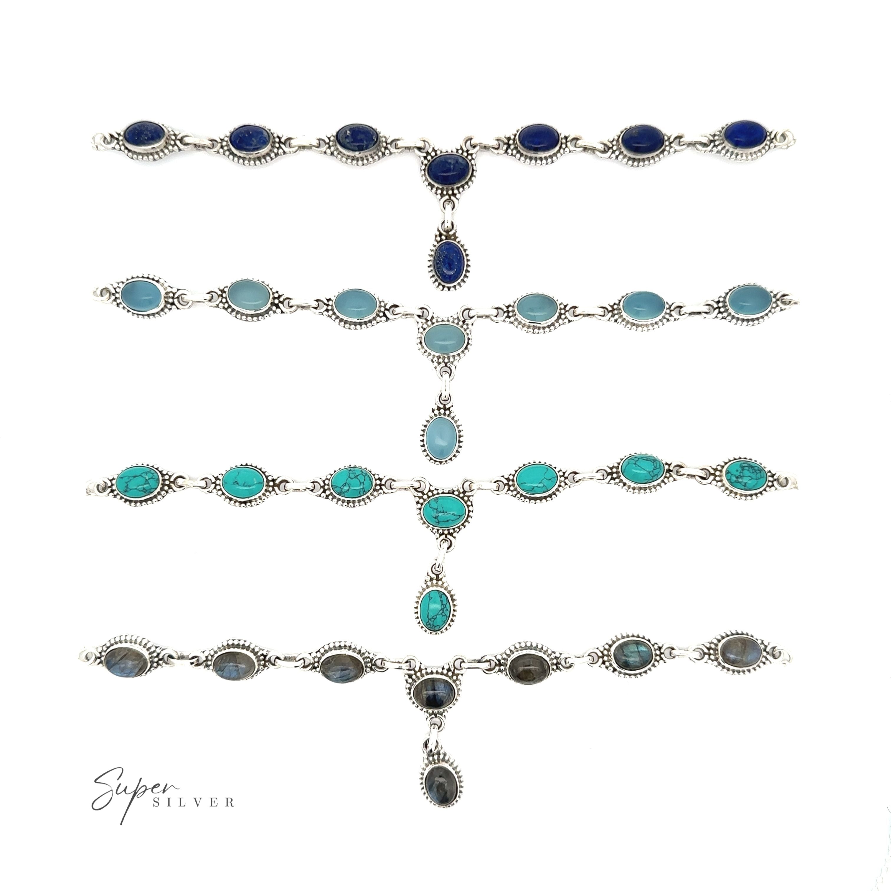 A set of Gemstone Y-Necklaces with Beaded Border, featuring blue and turquoise stones, and a delicate chain. Each necklace has a single gemstone drop pendant in various options.