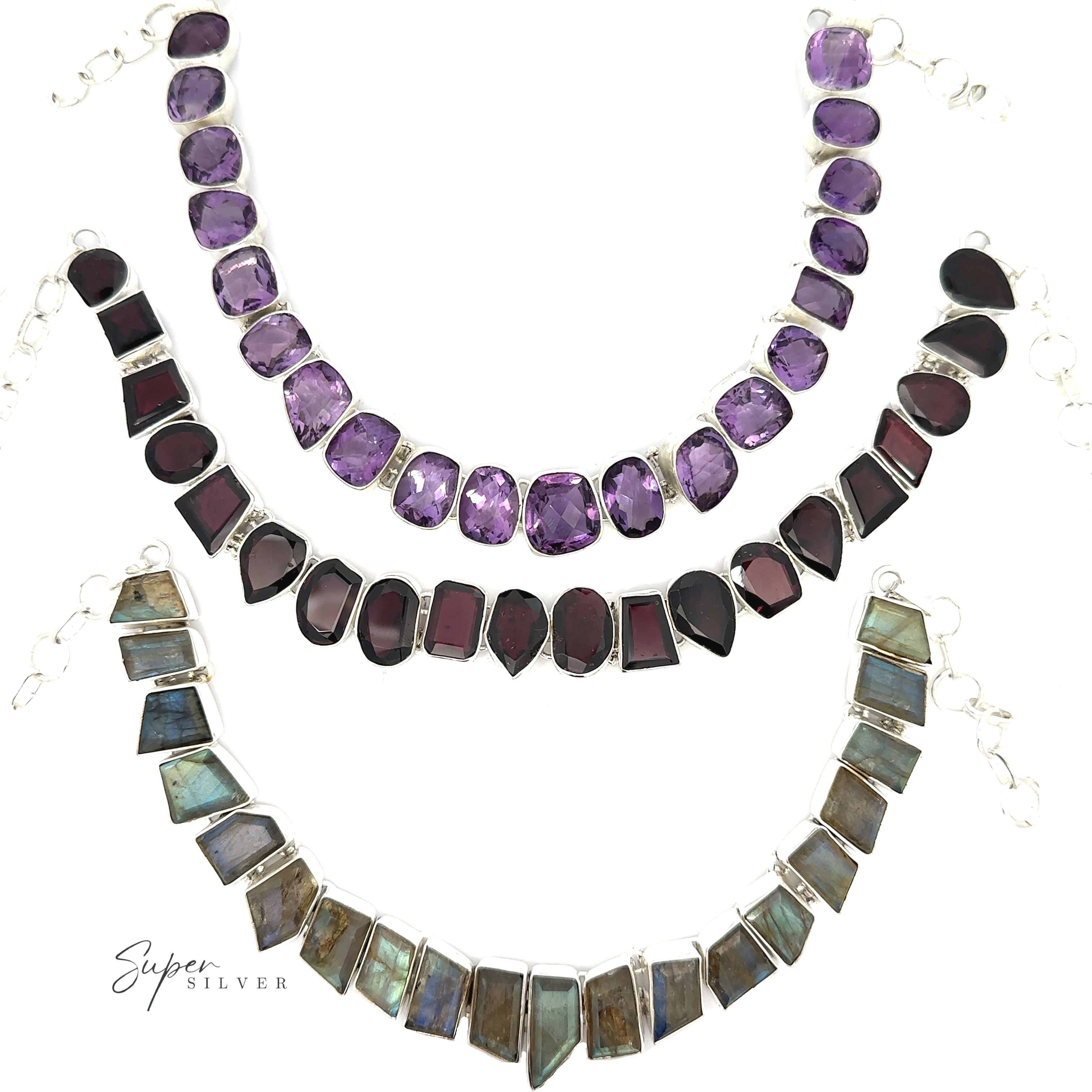 Three stone necklaces are displayed on a white background. The top one features amethyst stones, the middle one has dark red garnets, and the bottom one contains greenish stones. Text reads "Statement Gemstone Necklace." This exquisite gemstone necklace collection radiates elegance and charm.