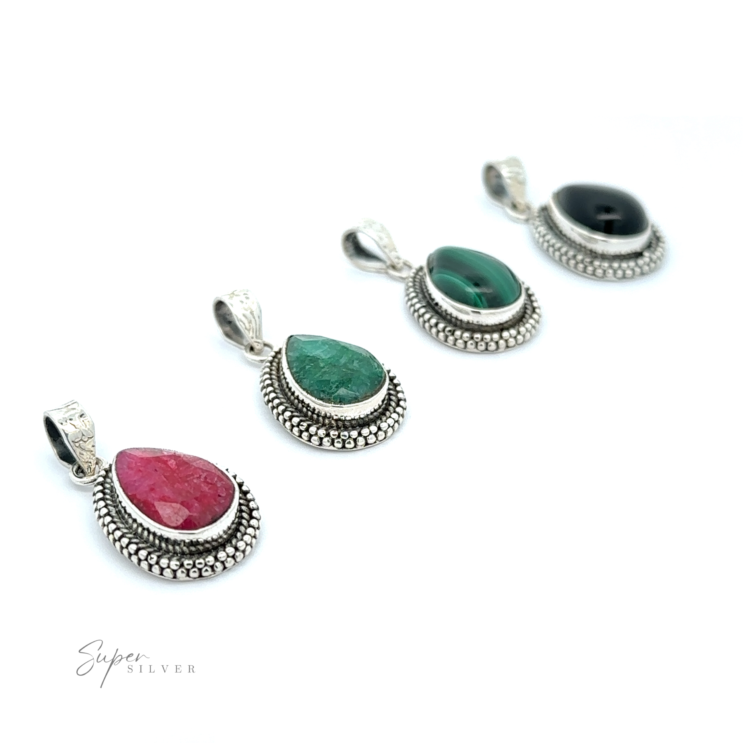 Four silver teardrop stone pendants with bead design charms in green, red, and blue.