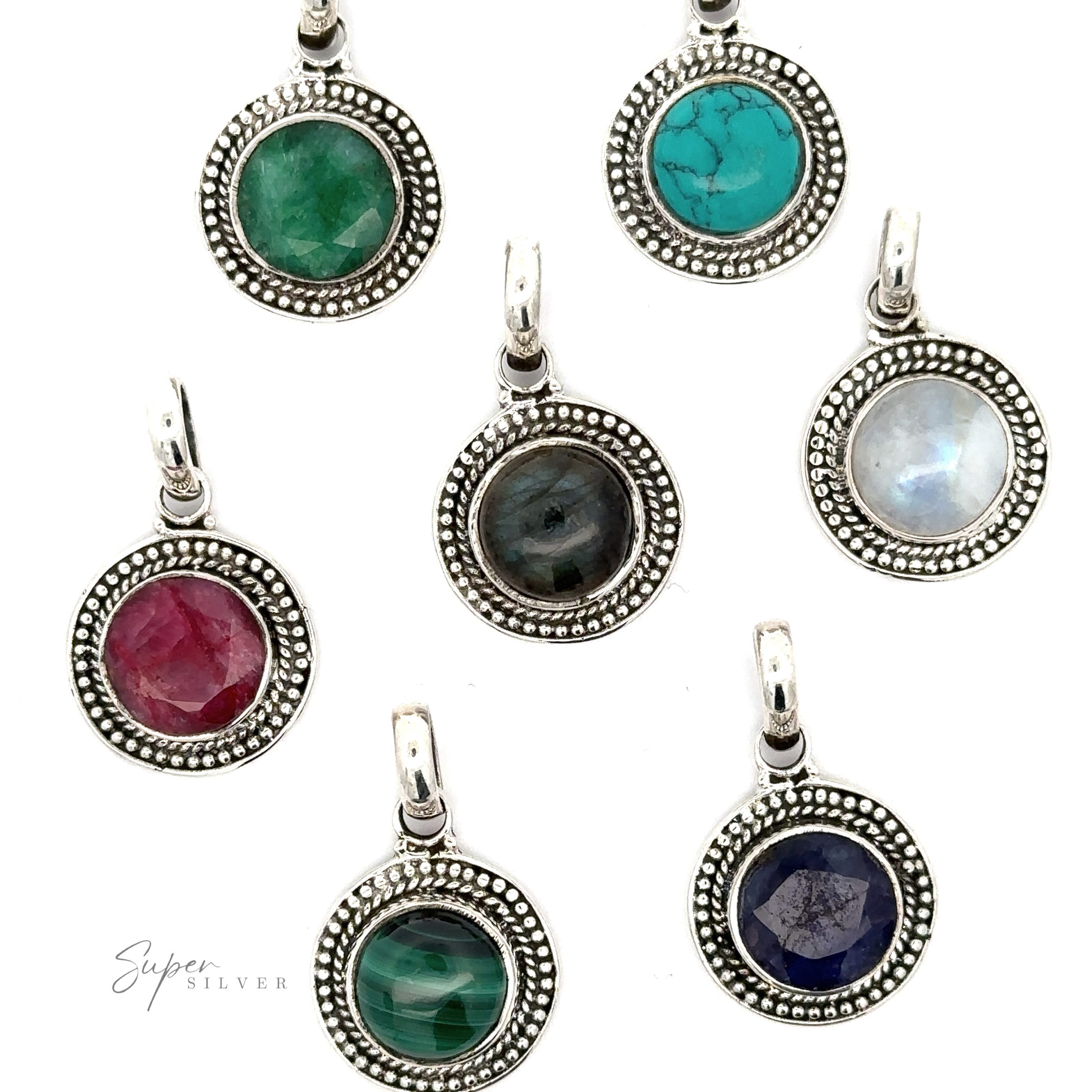 A set of Round Stone Pendants With Bead Design in a variety of different colored stones.