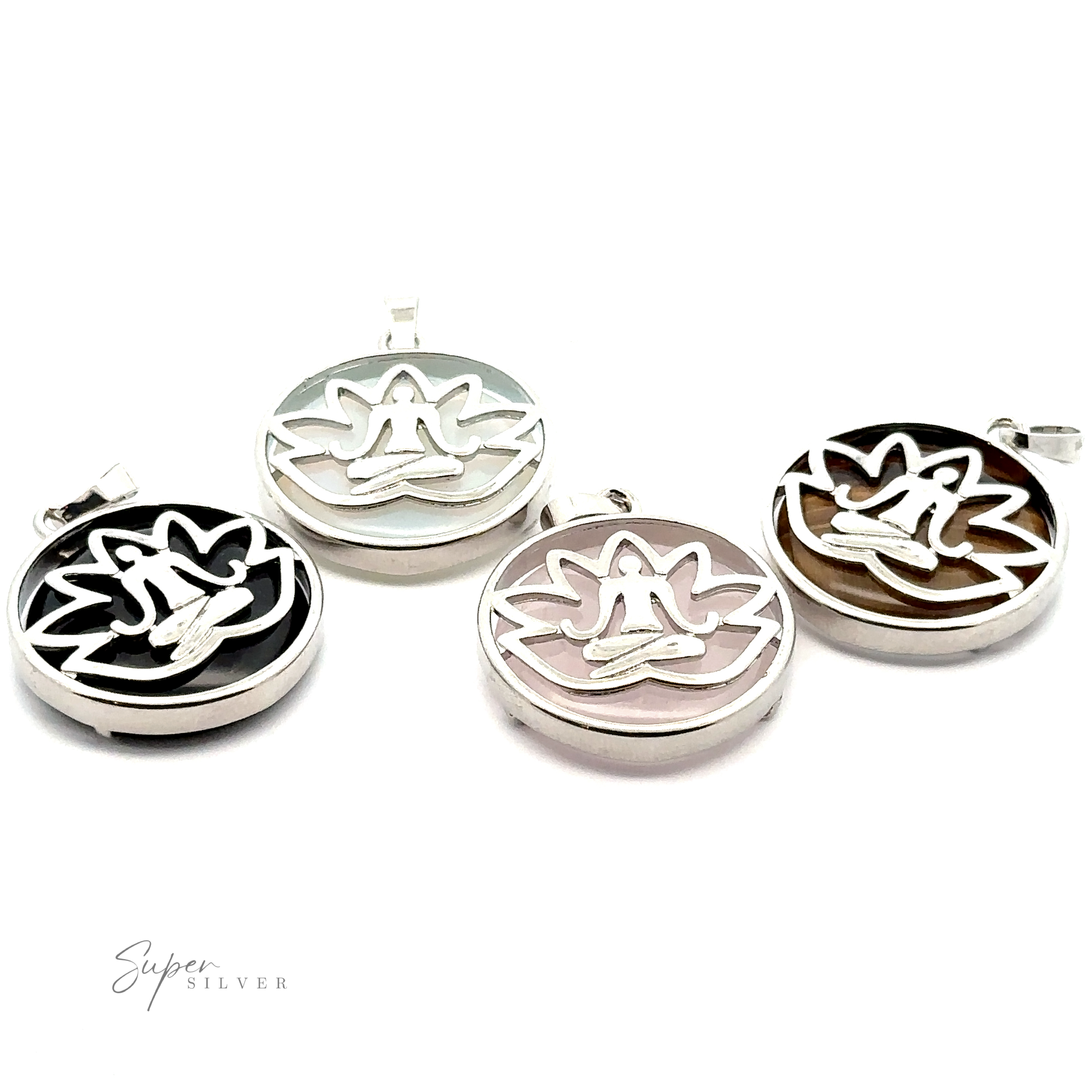 Four Silver Plated Lotus Meditation Pendants with Gemstones on various colored backgrounds (black, white, pink, and brown) are displayed against a white background.