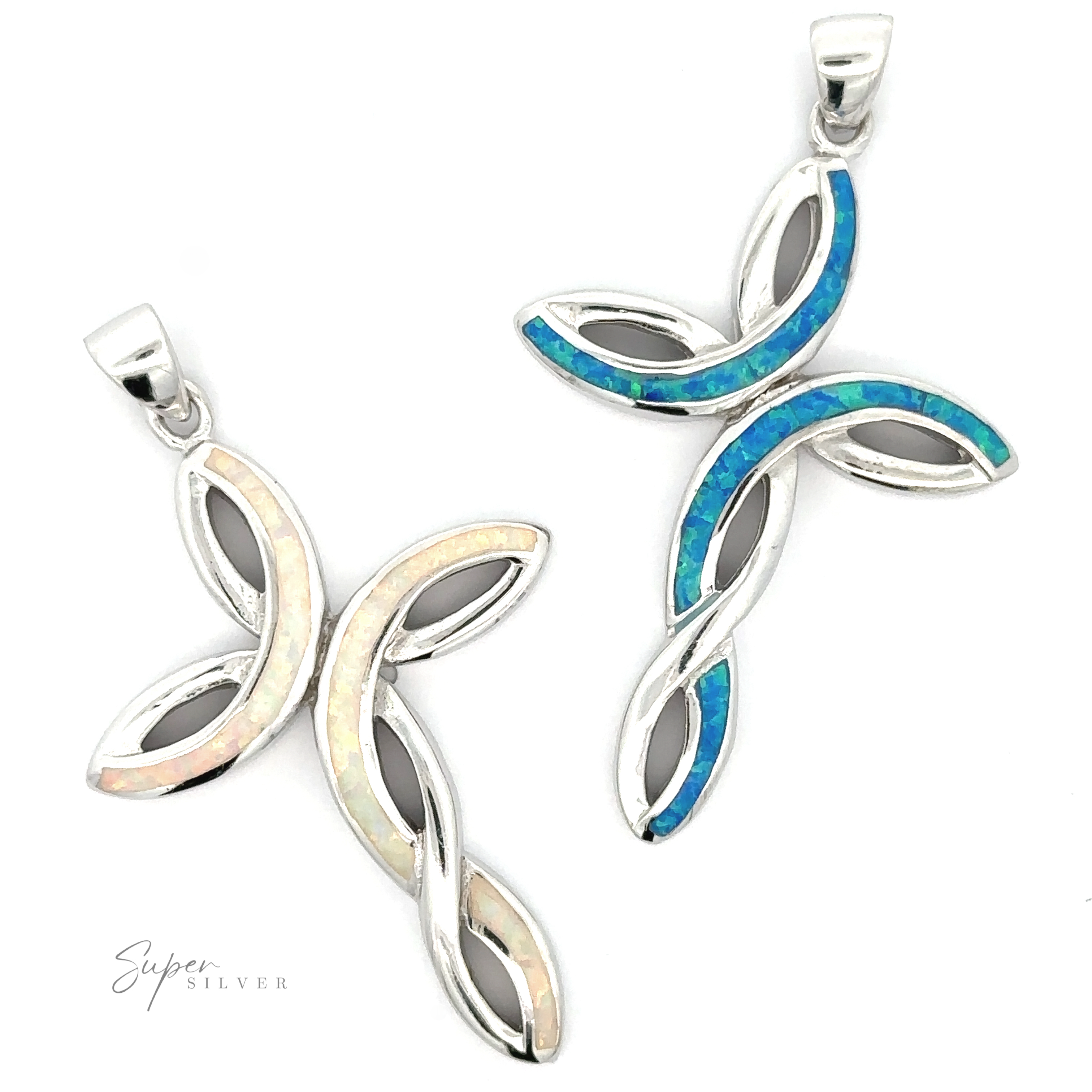 Two Opal Cross Pendants with opal inlay, one featuring predominantly blue colors and the other displaying a white and cream palette.