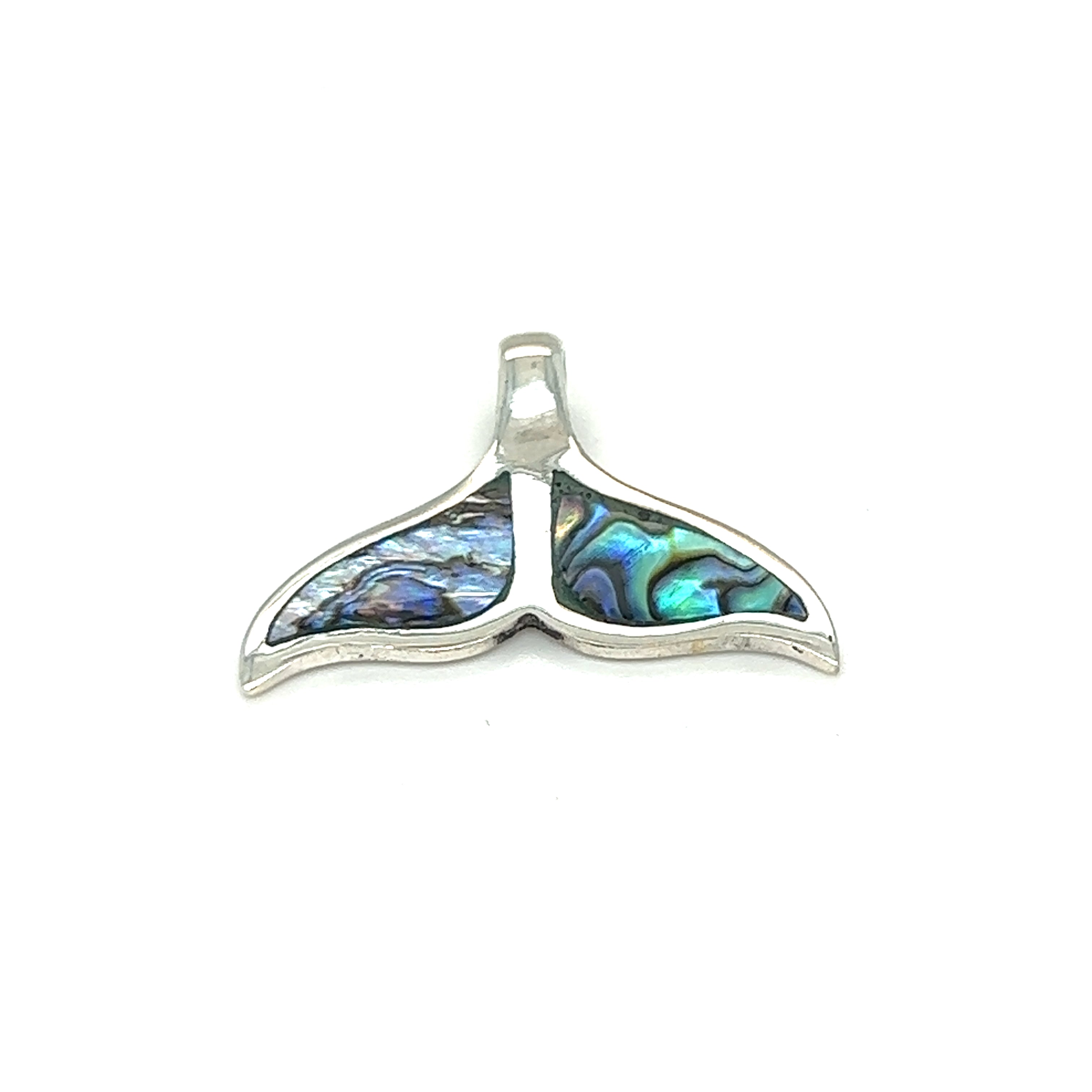 A Super Silver inlay whale tail pendant on a white background.