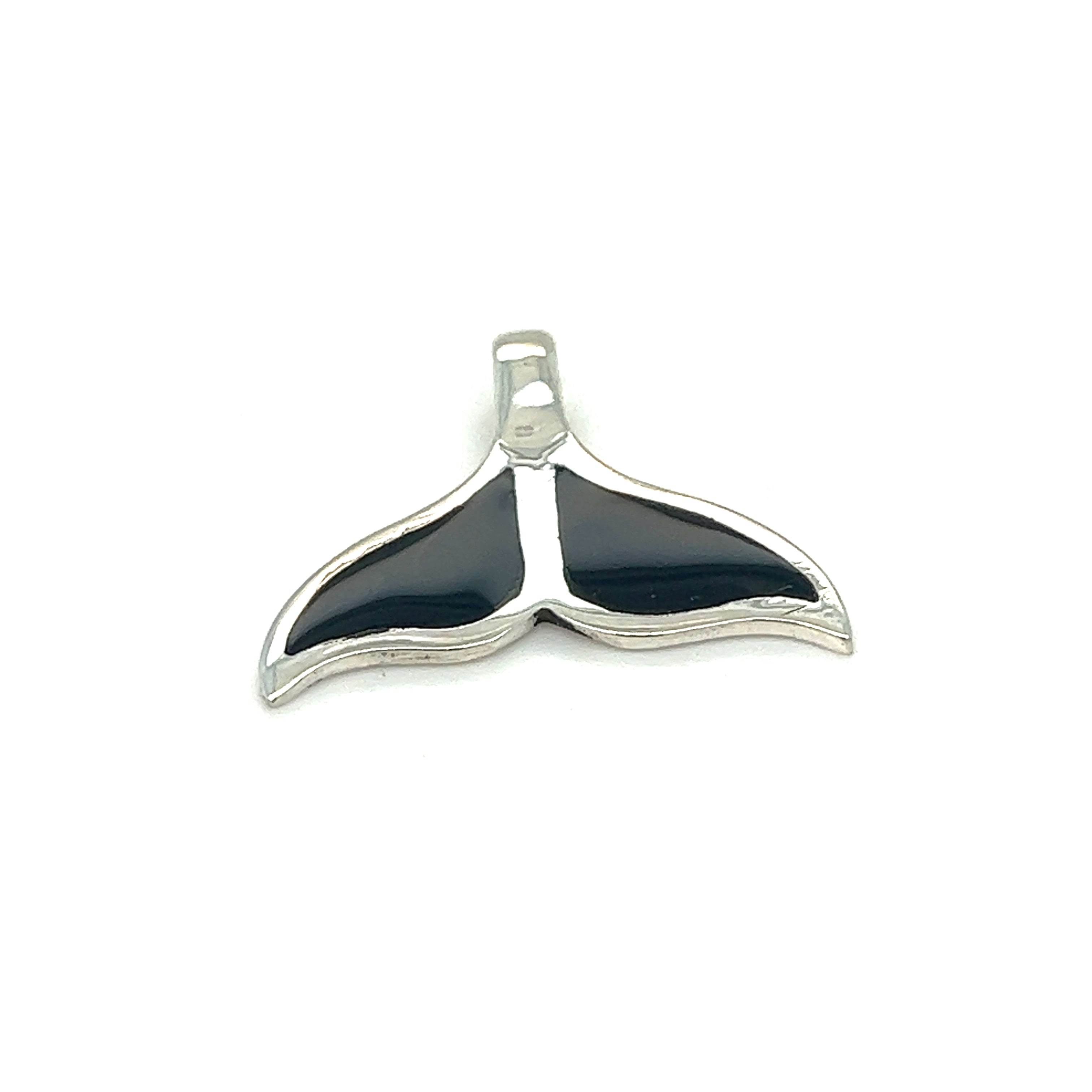 A Super Silver Inlay Whale Tail Pendant on a white background, inspired by the ocean in Santa Cruz.