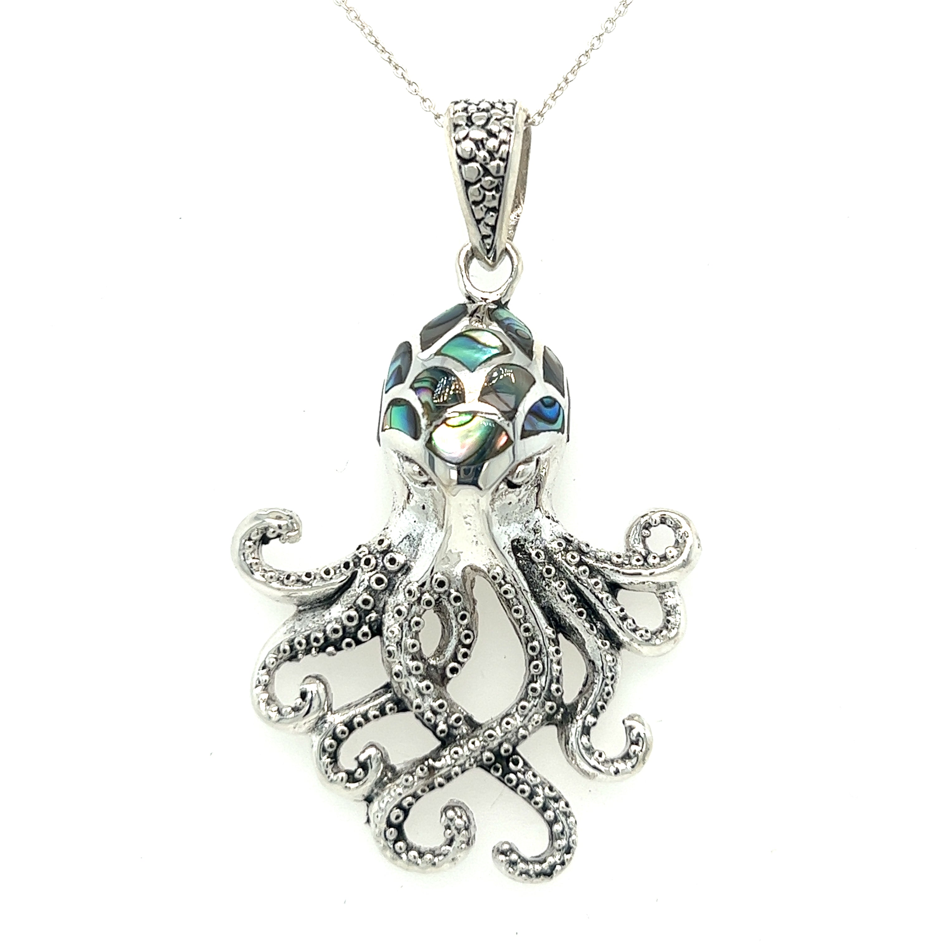 A Super Silver Statement Octopus Pendant with Inlay Stones on a silver chain.