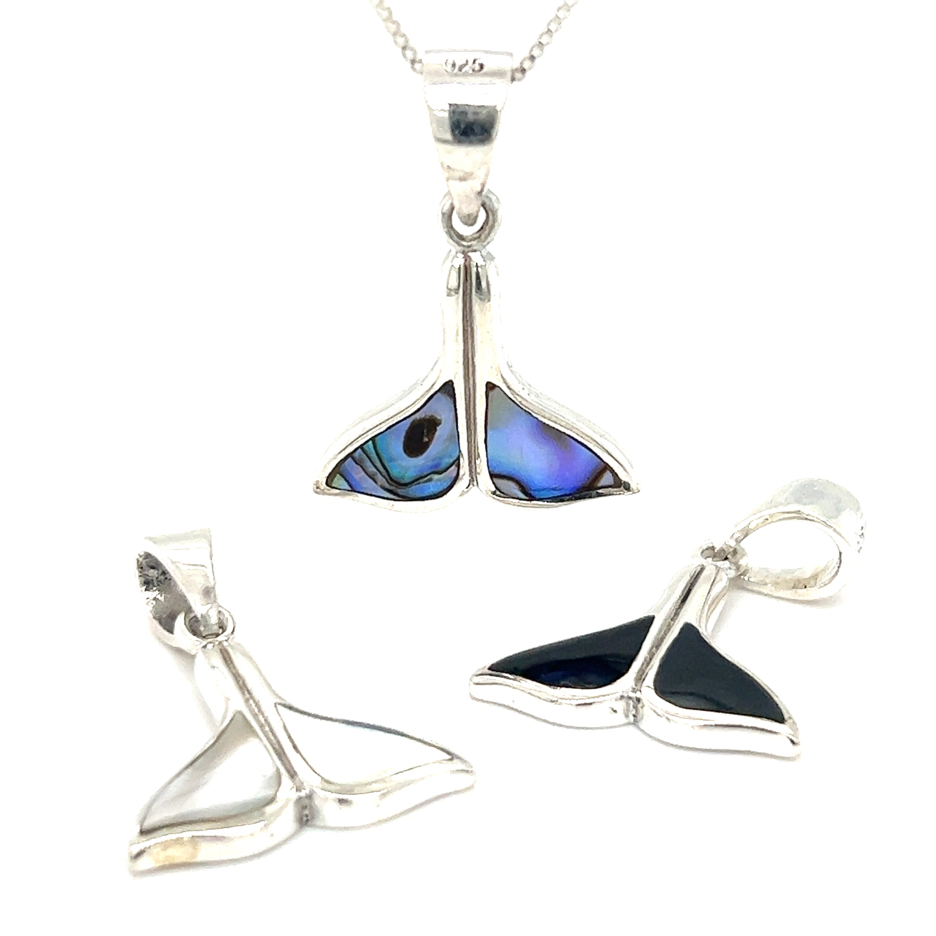 A pair of ocean-inspired Super Silver Simple Whale Tail Pendants with Inlay Stones crafted in sterling silver.