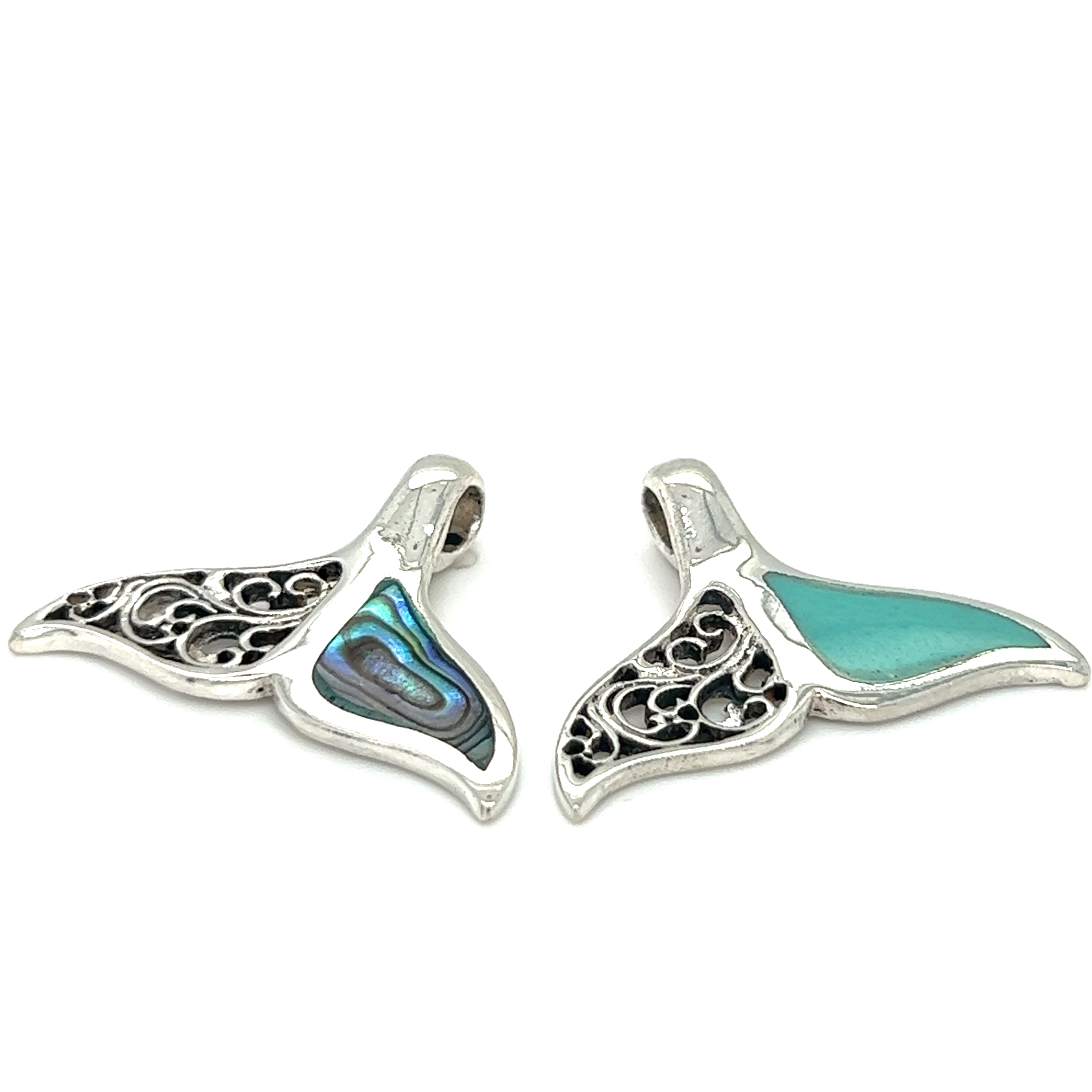 Two Half Filigree Whale Tail Pendants with turquoise inlay stone and abalone.