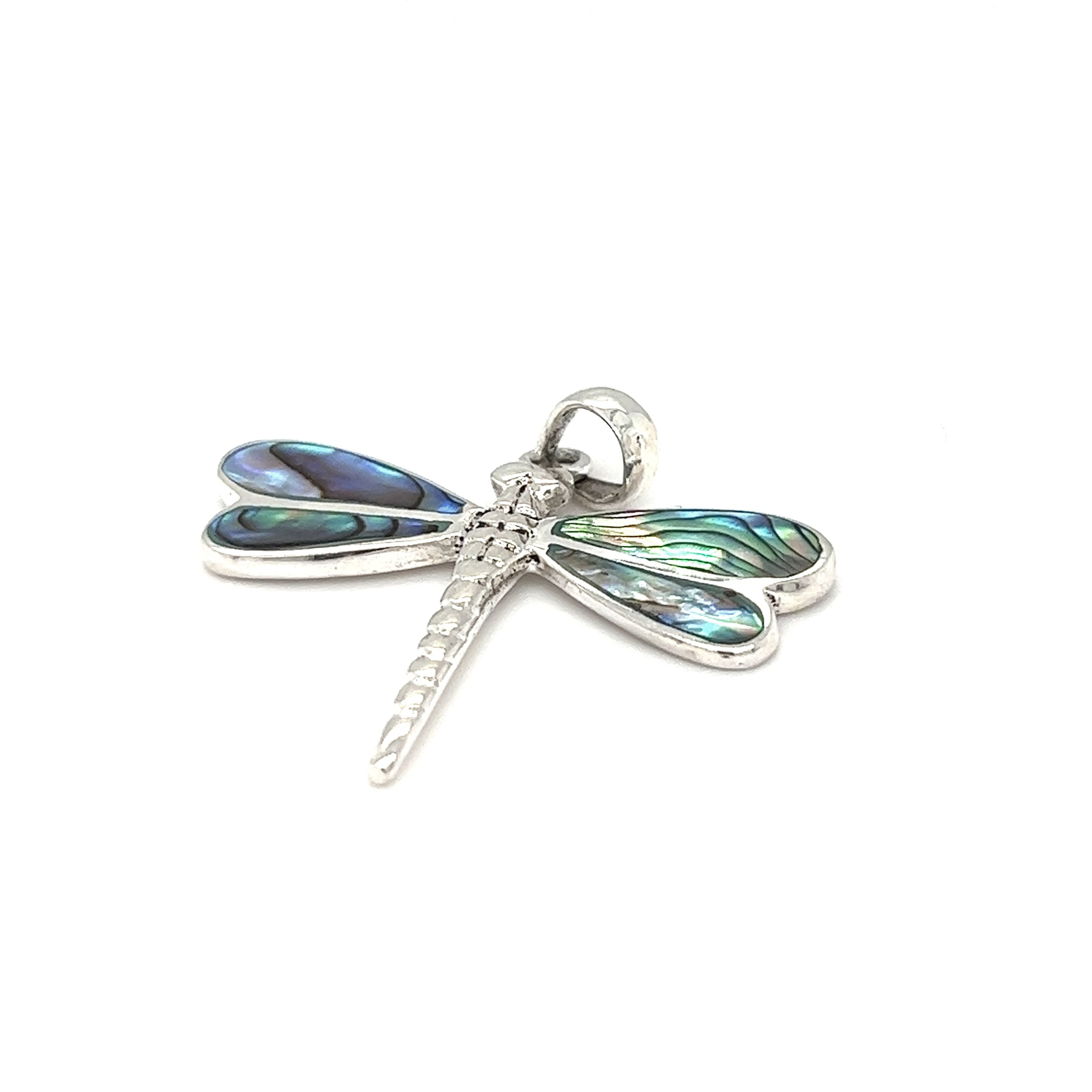 A Super Silver Dragonfly Inlay Stone Pendant on a white background.