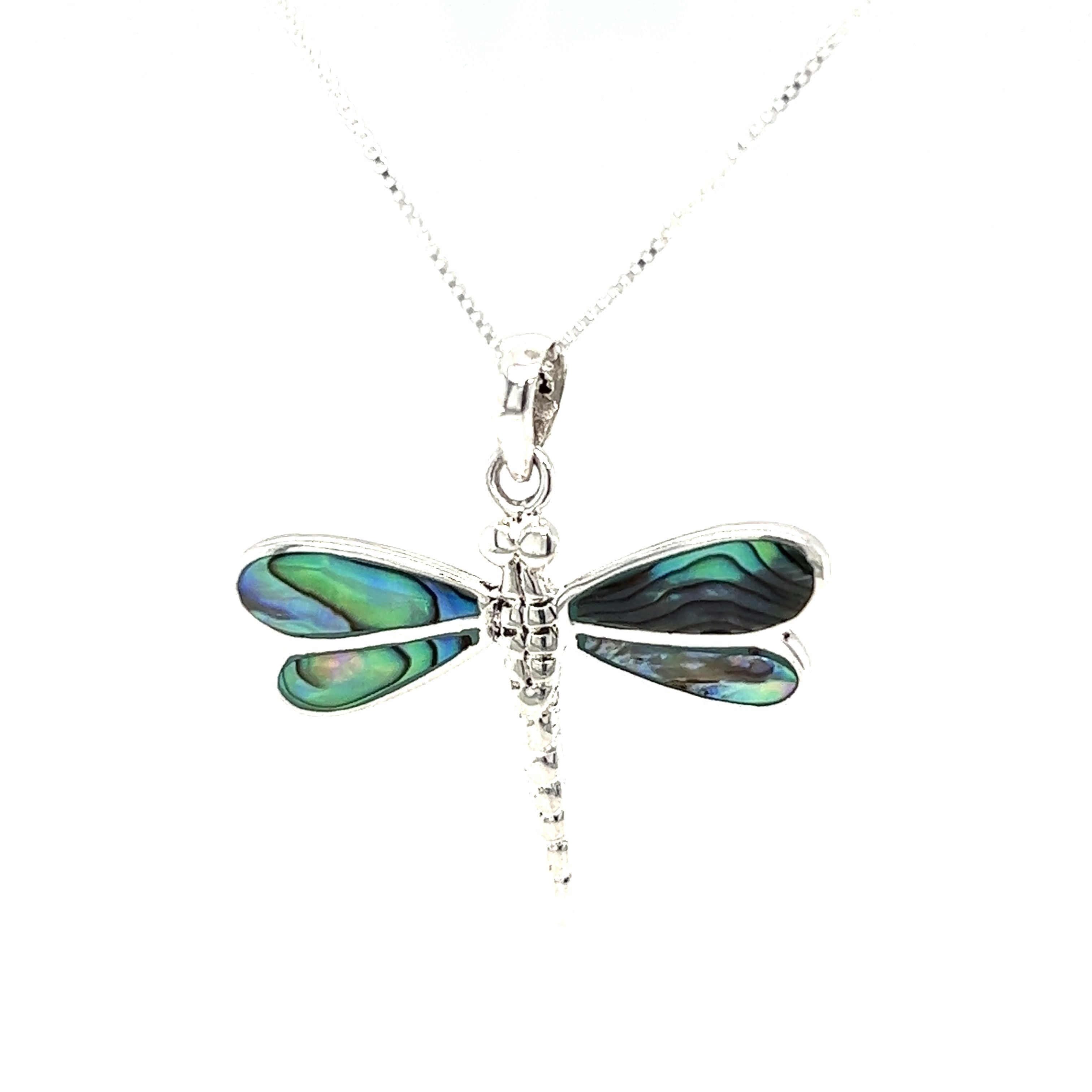 A Dragonfly Inlay Stone Pendant by Super Silver on a silver chain.