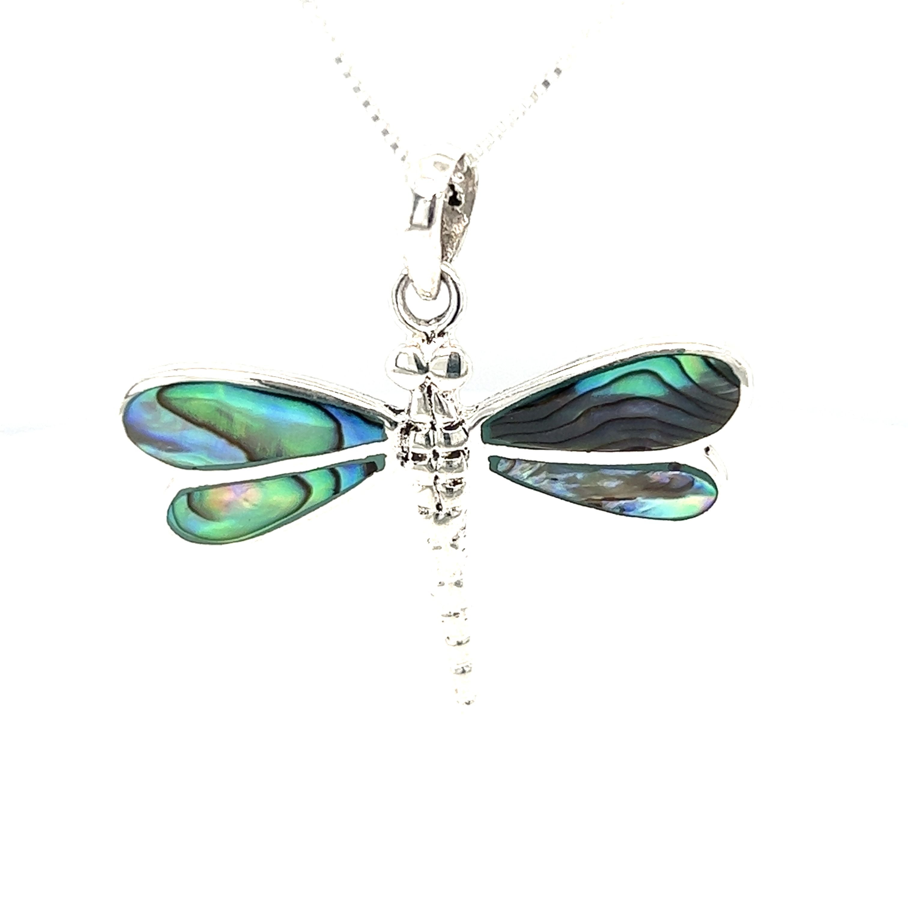 A stunning Dragonfly Inlay Stone Pendant with intricate mother of pearl detailing is elegantly displayed on a delicate Super Silver chain.