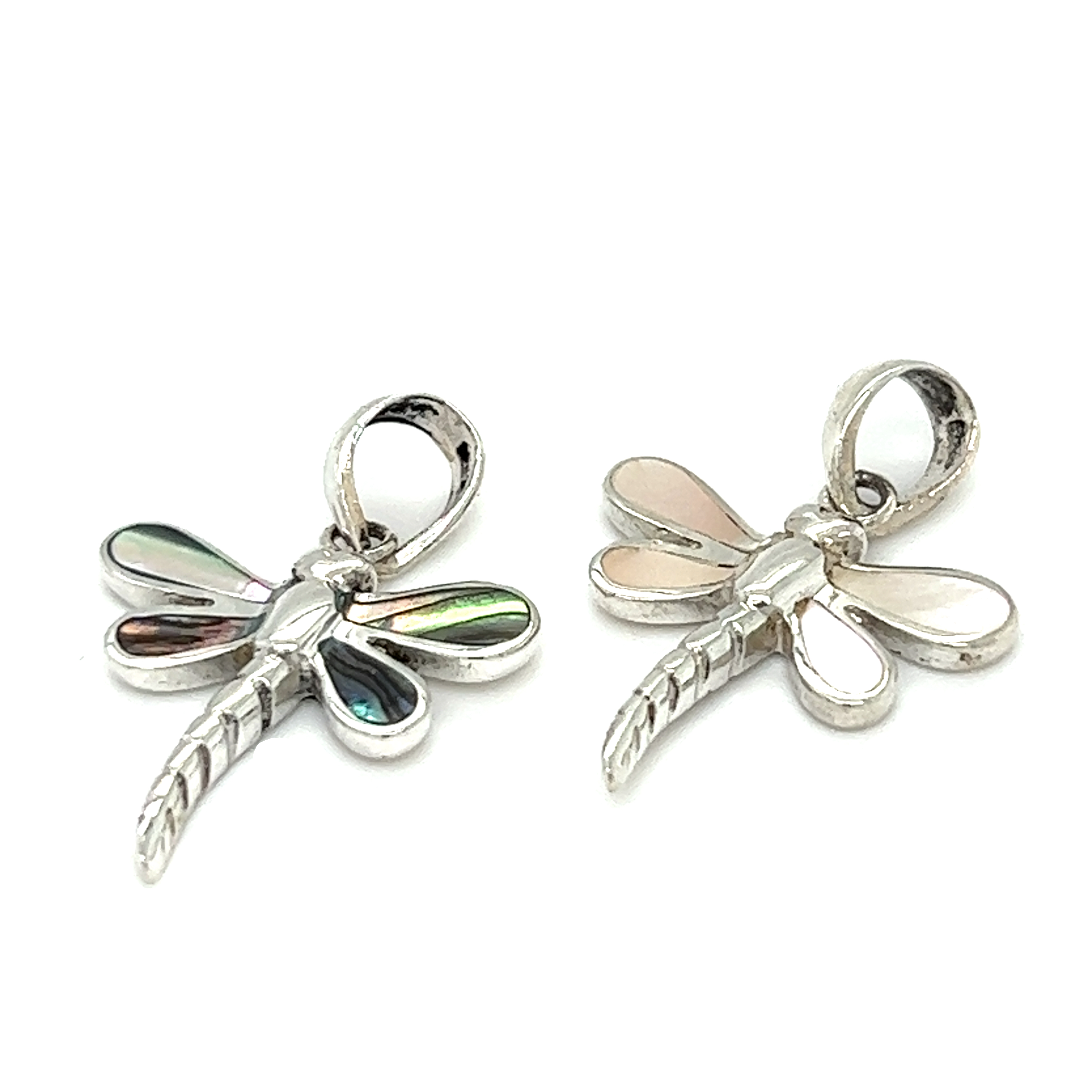 Two Inlay Stone Dragonfly Pendants on a white background. Perfect for adding a touch of elegance and nature-inspired charm to any jewelry collection. Ideal for bracelets, necklaces, or earrings. These intric