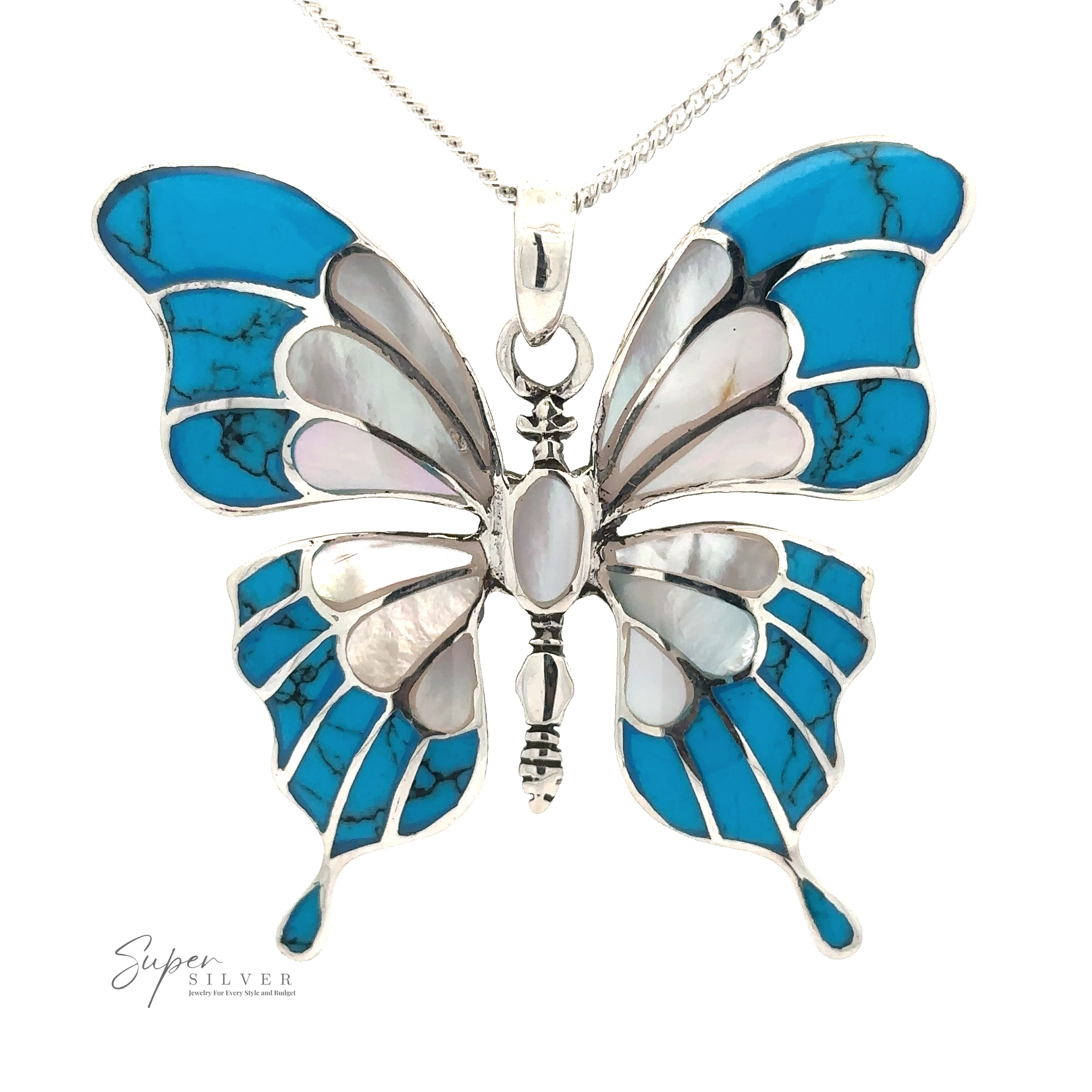 A Stunning Inlay Butterfly Pendant featuring a butterfly-shaped pendant with turquoise and mother-of-pearl inlays, hanging elegantly from a chain. The pendant showcases intricate patterns on its wings and bears the "Super Silver" logo at the bottom left.
