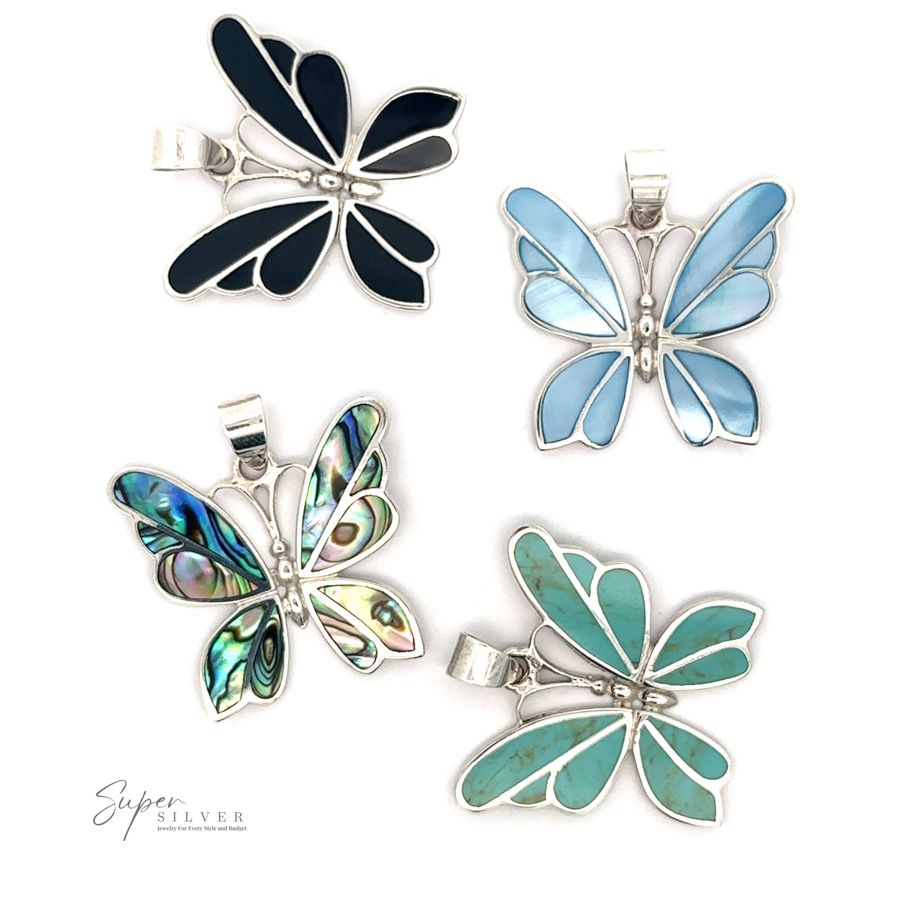 Four Medium Inlay Butterfly Pendants and dragonfly pendants with silver outlines and colorful inlays in black, blue, iridescent, and turquoise colors, displayed on a white background. Text reads "Super Silver." These exquisite sterling silver pendant designs highlight the beauty of gemstone jewelry.
