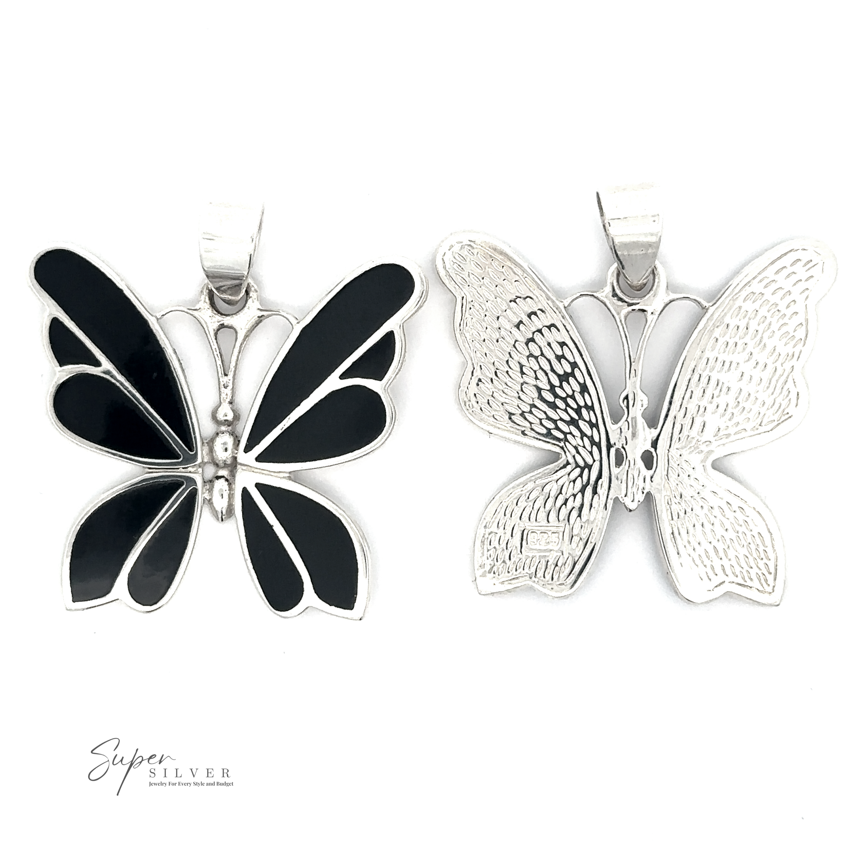 Two Medium Inlay Butterfly Pendants are displayed side by side. The left one features black enamel accents, while the right one showcases intricate silver detailing. This sterling silver jewelry embodies transformation, perfect for those who appreciate finely crafted butterfly pendant pieces.