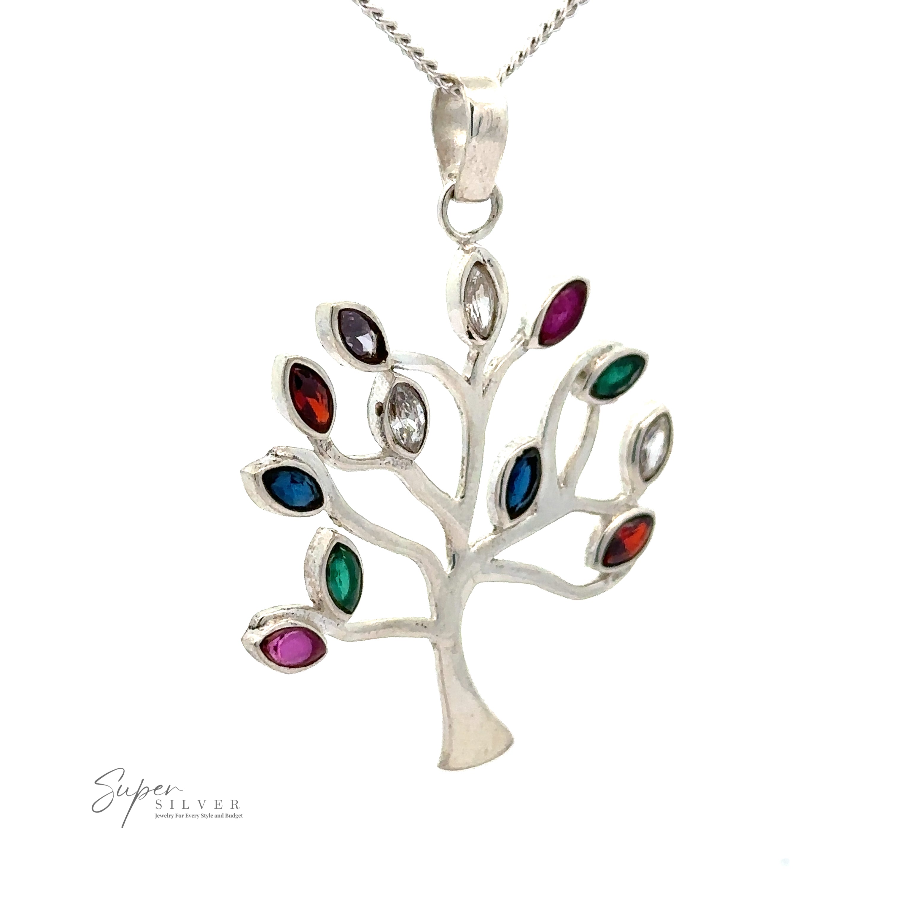 A Tree of Life Pendant with Stone Leaves adorned with multicolored faceted stone leaves on each branch. The words "Super Silver" are written in the bottom left corner.