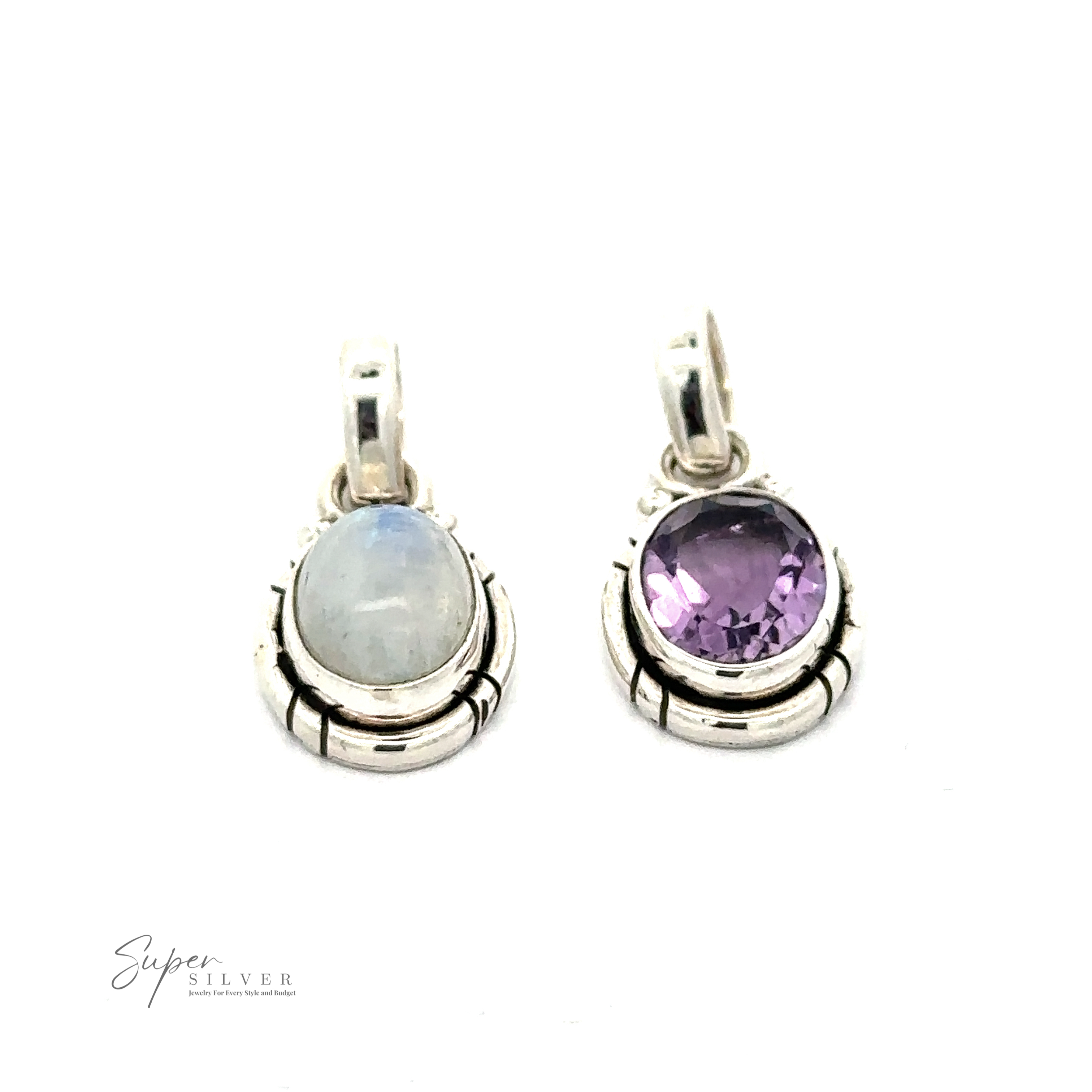 Two sterling silver pendants with oval gemstones on a white background. One pendant features a captivating Simple And Elegant Oval Moonstone Pendant, while the other displays a stunning purple amethyst. The "Super Silver" logo adorns the bottom left corner, showcasing exquisite Moonstone and Amethyst pendants.